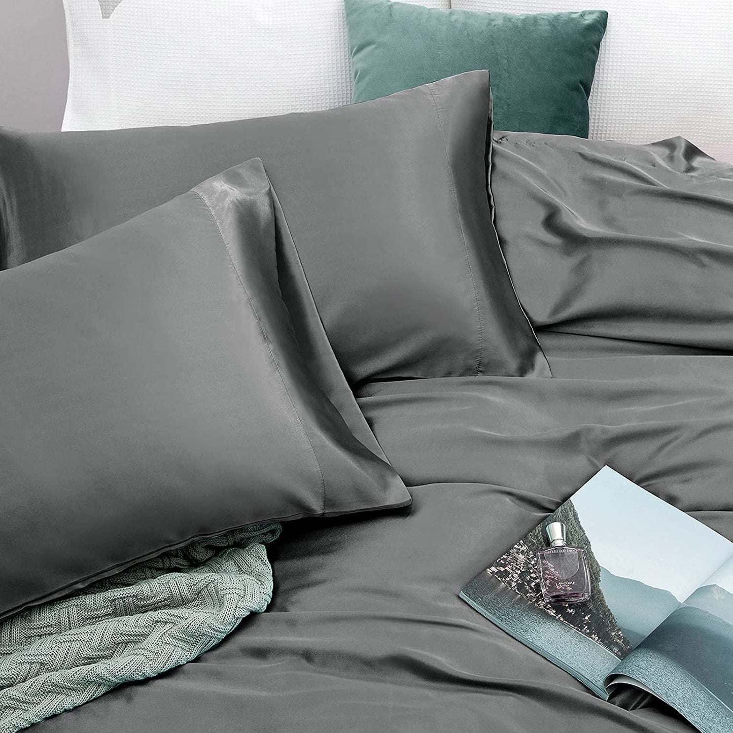 Art Silk Satin Sheet Set Hotel 3 Pieces Fitted/Flat Sheet Bedding Set-Luxury Soft Silky Sheets for Hair and Skin, Similar to Silk Bed Sheets Set 3 Pieces(King Single,Grey)