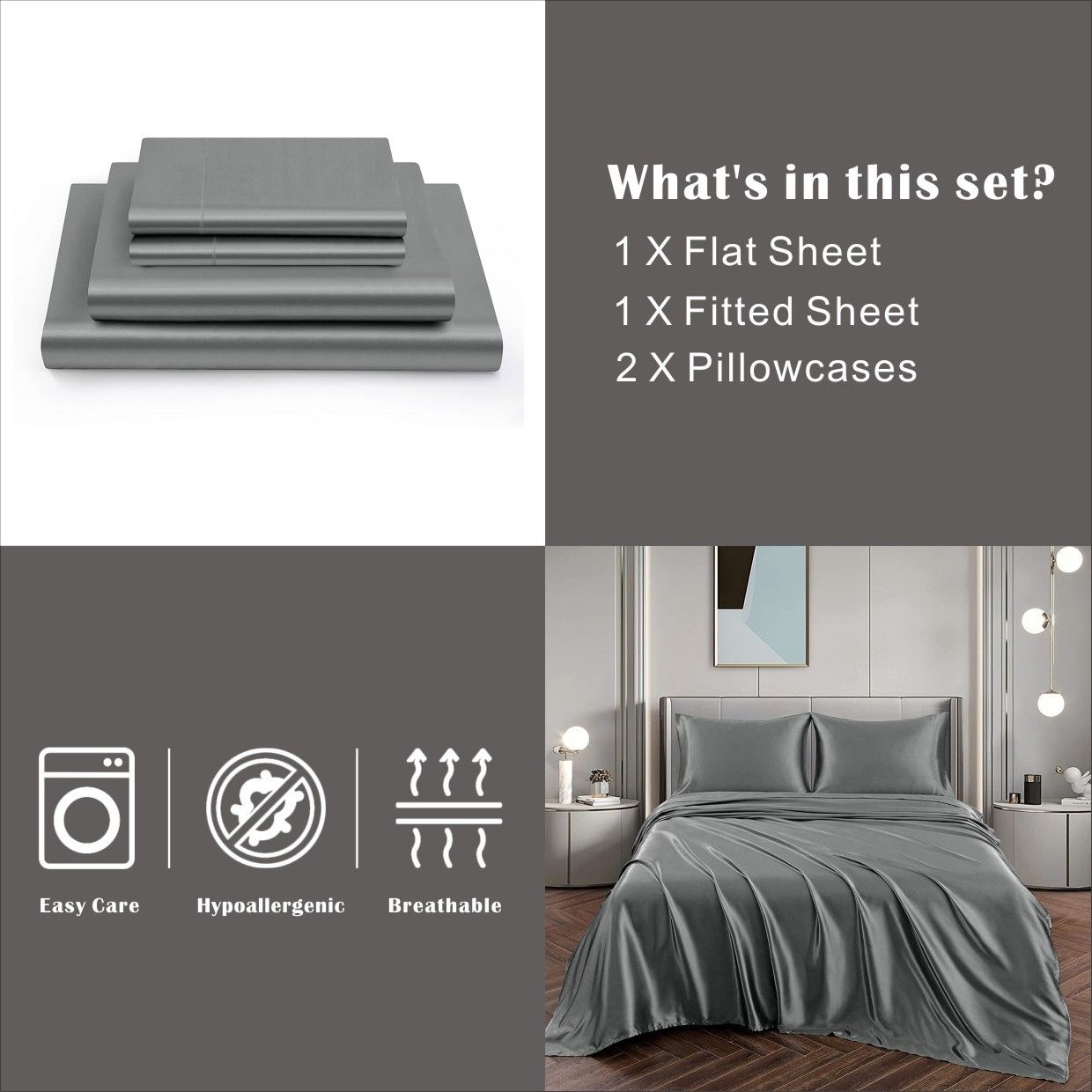Art Silk Satin Sheet Set Hotel 3 Pieces Fitted/Flat Sheet Bedding Set-Luxury Soft Silky Sheets for Hair and Skin, Similar to Silk Bed Sheets Set 3 Pieces(King Single,Grey)
