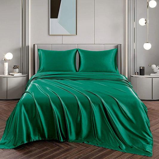 Art Silk Satin Sheet Set Hotel 3 Pieces Fitted/Flat Sheet Bedding Set-Luxury Soft Silky Sheets for Hair and Skin, Similar to Silk Bed Sheets Set 3 Pieces(King Single,Green)
