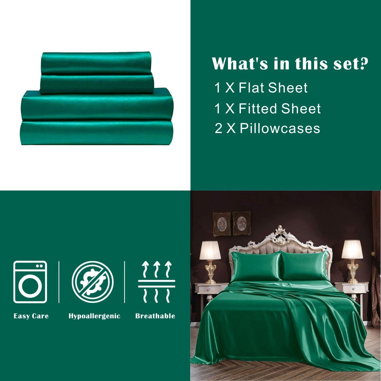 Art Silk Satin Sheet Set Hotel 3 Pieces Fitted/Flat Sheet Bedding Set-Luxury Soft Silky Sheets for Hair and Skin, Similar to Silk Bed Sheets Set 3 Pieces(King Single,Green)