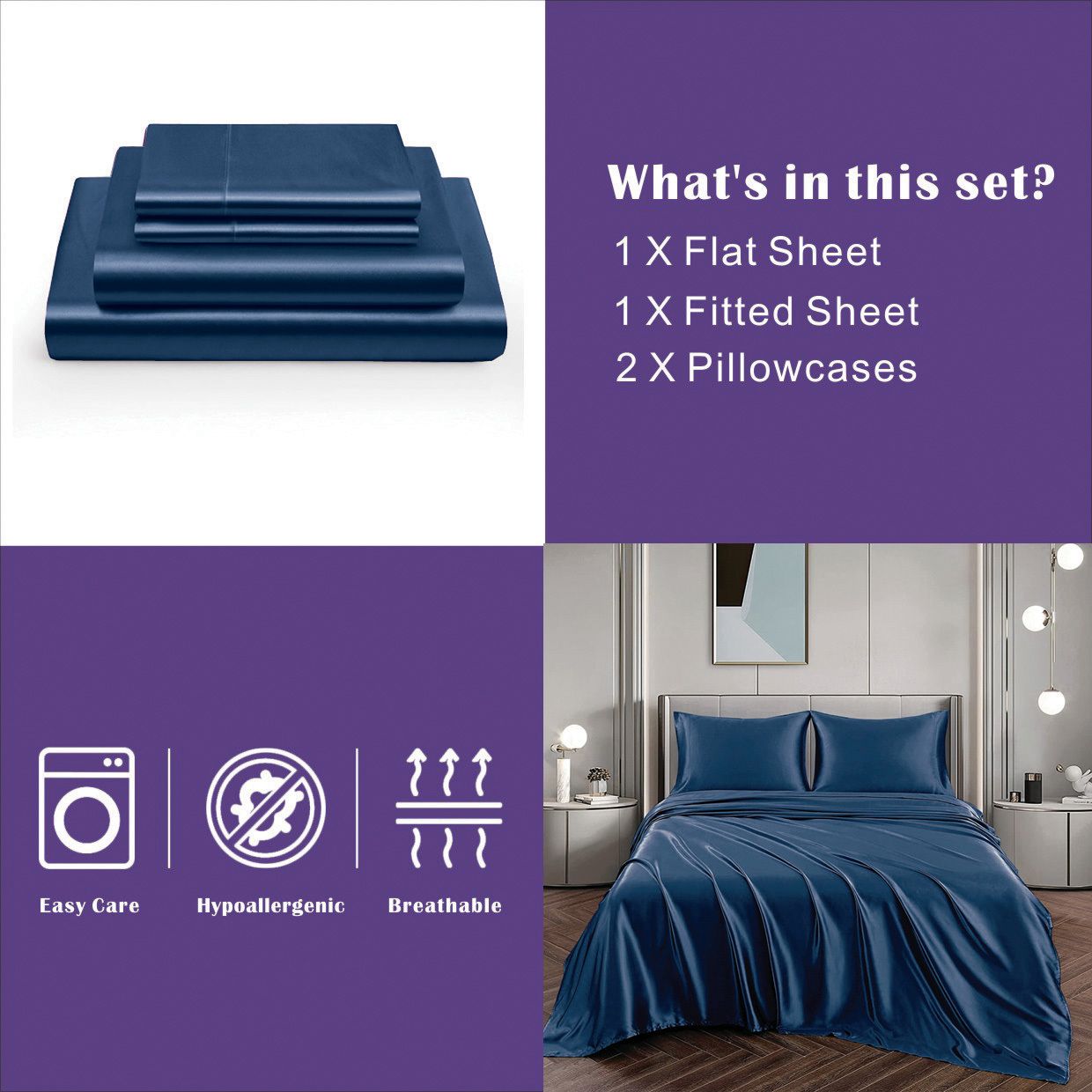 Art Silk Satin Sheet Set Hotel 4 Pieces Fitted/Flat Sheet Bedding Set-Luxury Soft Silky Sheets for Hair and Skin, Similar to Silk Bed Sheets Set 4 Pieces(Queen,Navy)