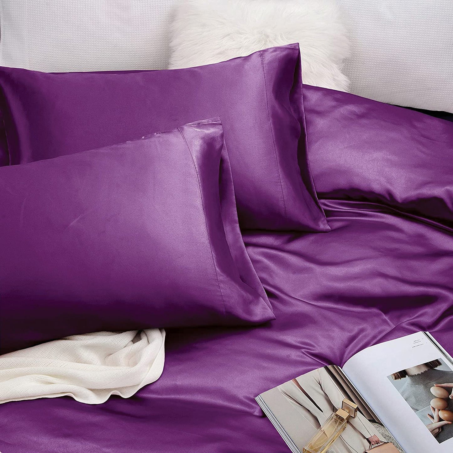 Art Silk Satin Sheet Set Hotel 4 Pieces Fitted/Flat Sheet Bedding Set-Luxury Soft Silky Sheets for Hair and Skin, Similar to Silk Bed Sheets Set 4 Pieces(Queen,Purple)