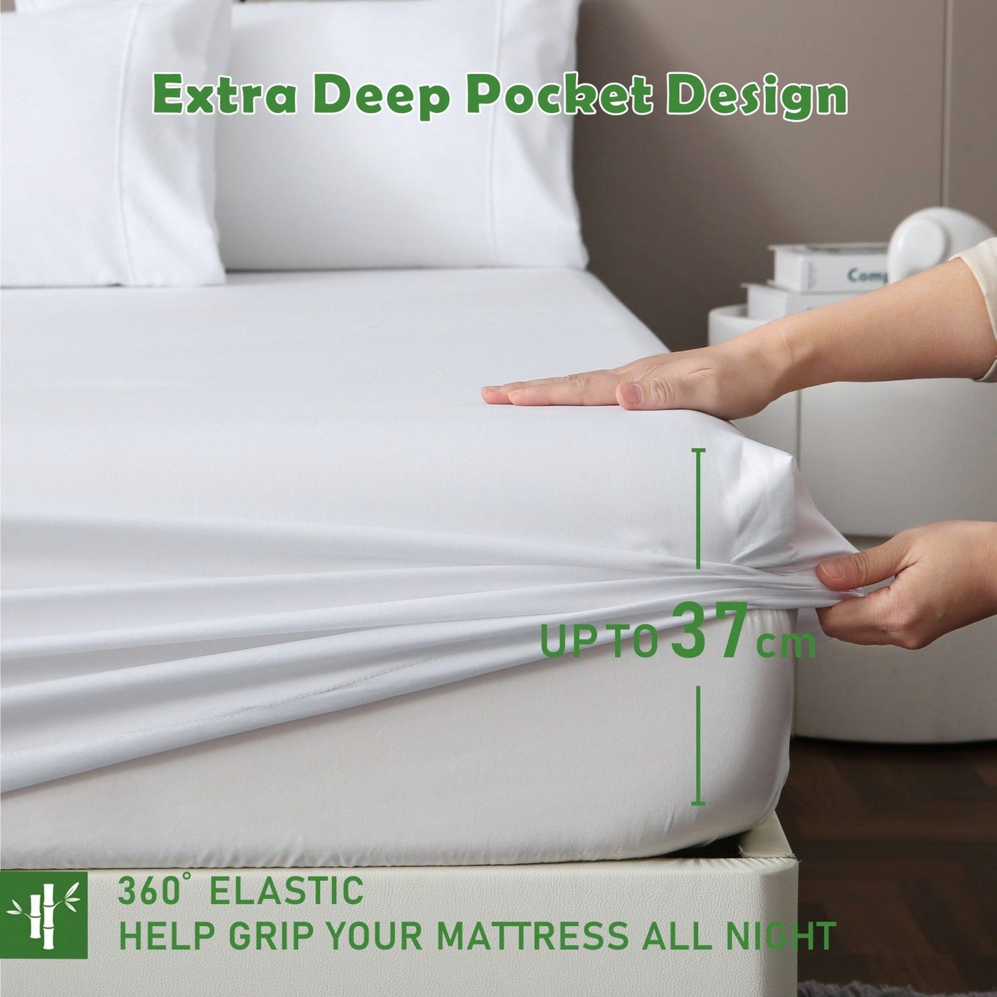 3 Piece Hotel Bamboo Cooling Fitted Sheet Set & Pillowcase -Ultra Soft 2000TC Breathable Fitted Bed Sheets Set with 37 Centimetre Deep Pocket-Cooling Sheets for Hot Sleepers(White,Double)