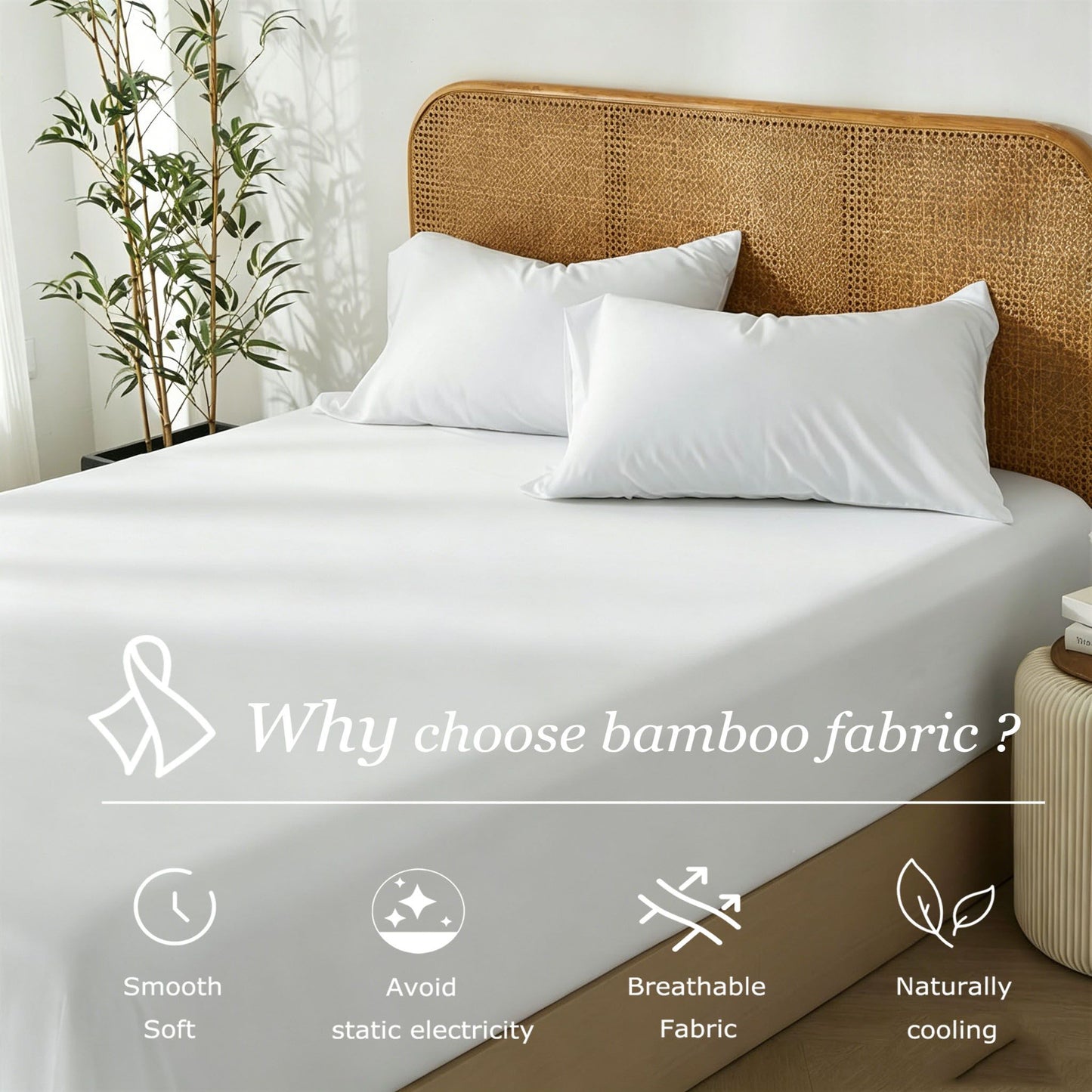 3 Piece Hotel Bamboo Cooling Fitted Sheet Set & Pillowcase -Ultra Soft 2000TC Breathable Fitted Bed Sheets Set with 37 Centimetre Deep Pocket-Cooling Sheets for Hot Sleepers(White,Double)