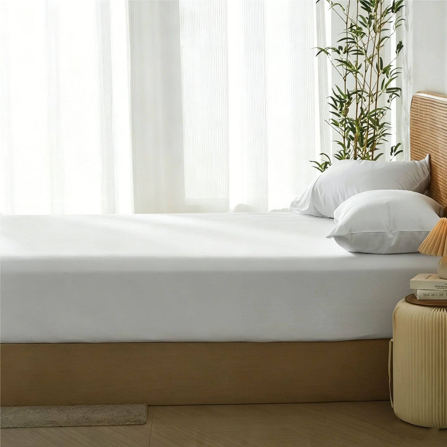 3 Piece Hotel Bamboo Cooling Fitted Sheet Set & Pillowcase -Ultra Soft 2000TC Breathable Fitted Bed Sheets Set with 37 Centimetre Deep Pocket-Cooling Sheets for Hot Sleepers(White,Double)