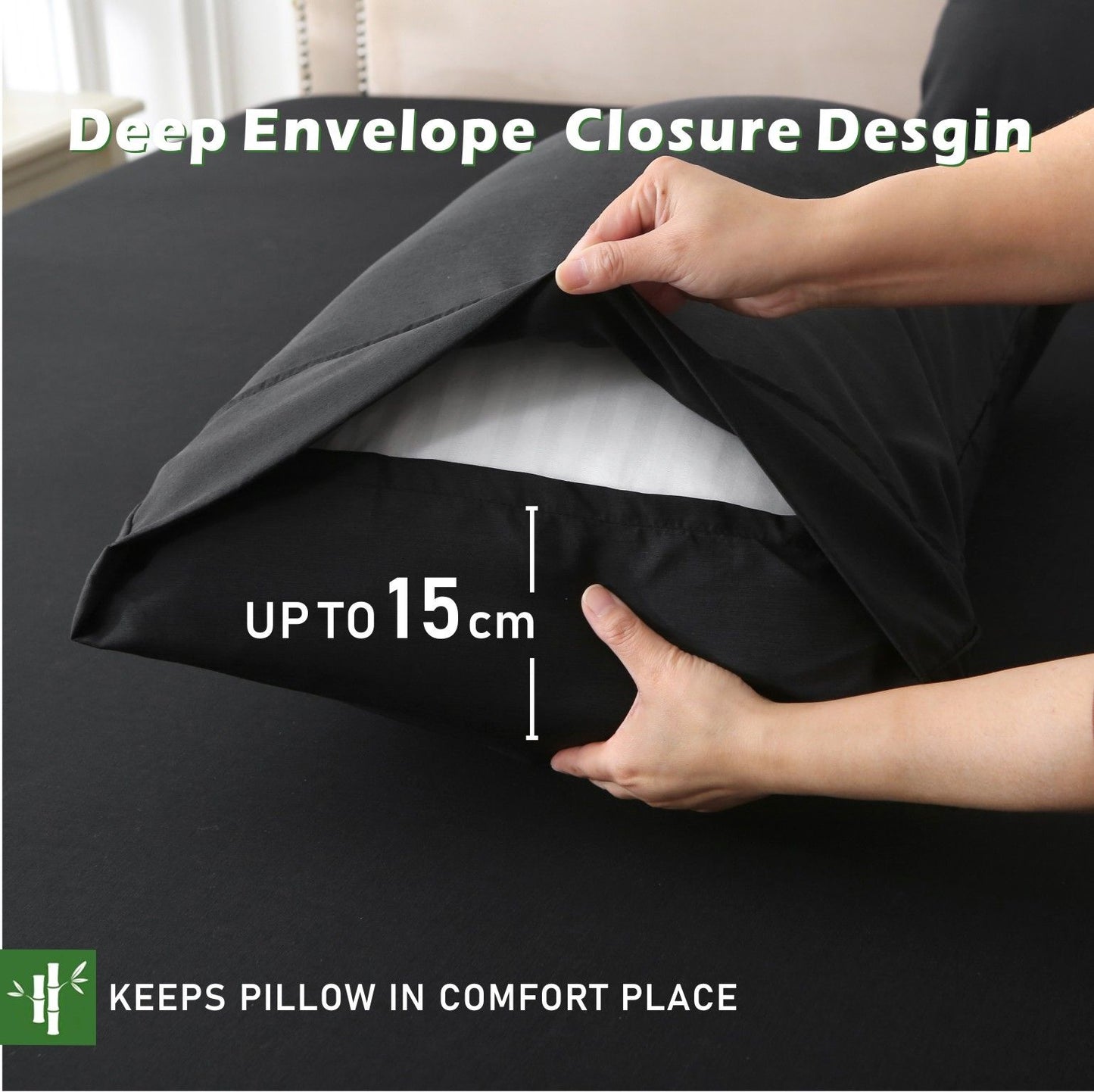 3 Piece Hotel Bamboo Cooling Fitted Sheet Set & Pillowcase -Ultra Soft 2000TC Breathable Fitted Bed Sheets Set with 37 Centimetre Deep Pocket-Cooling Sheets for Hot Sleepers(Black,Double)