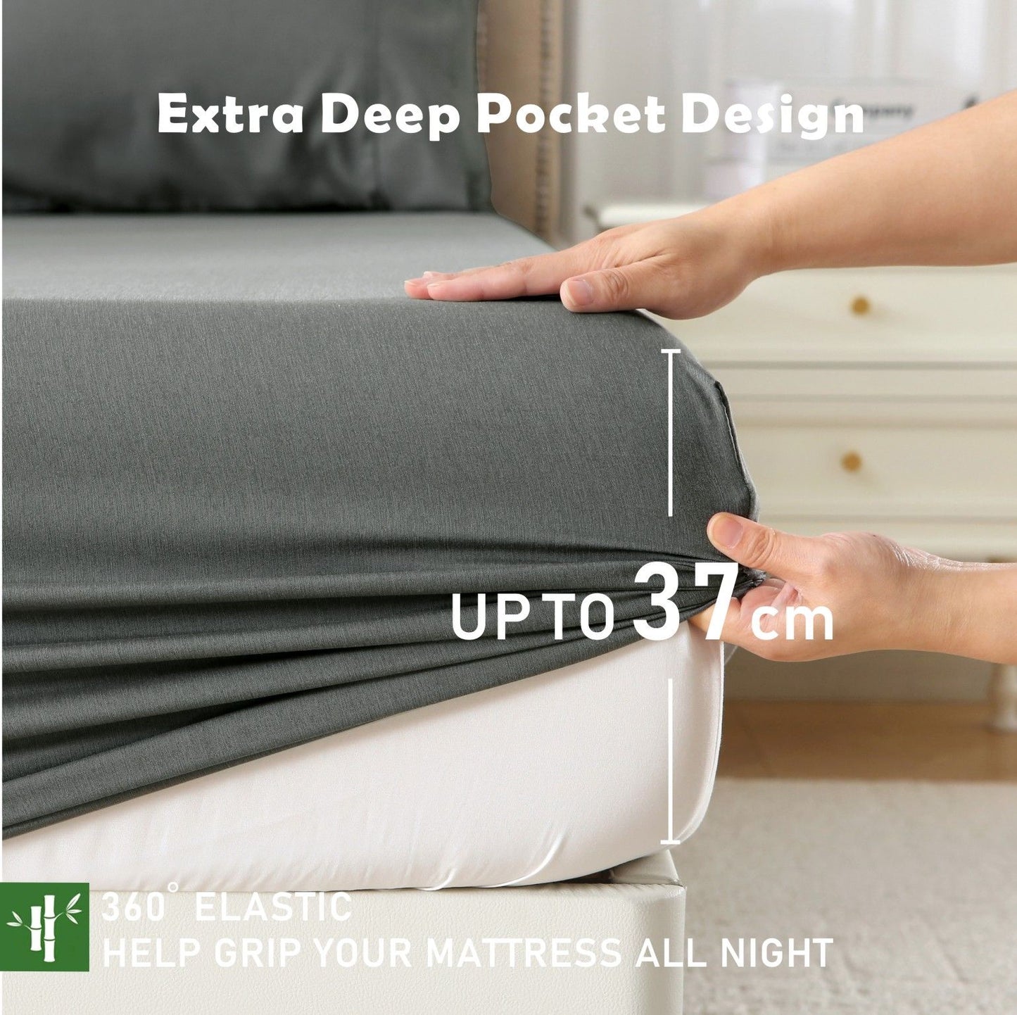 3 Piece Hotel Bamboo Cooling Fitted Sheet Set & Pillowcase -Ultra Soft 2000TC Breathable Fitted Bed Sheets Set with 37 Centimetre Deep Pocket-Cooling Sheets for Hot Sleepers(Grey,Double)