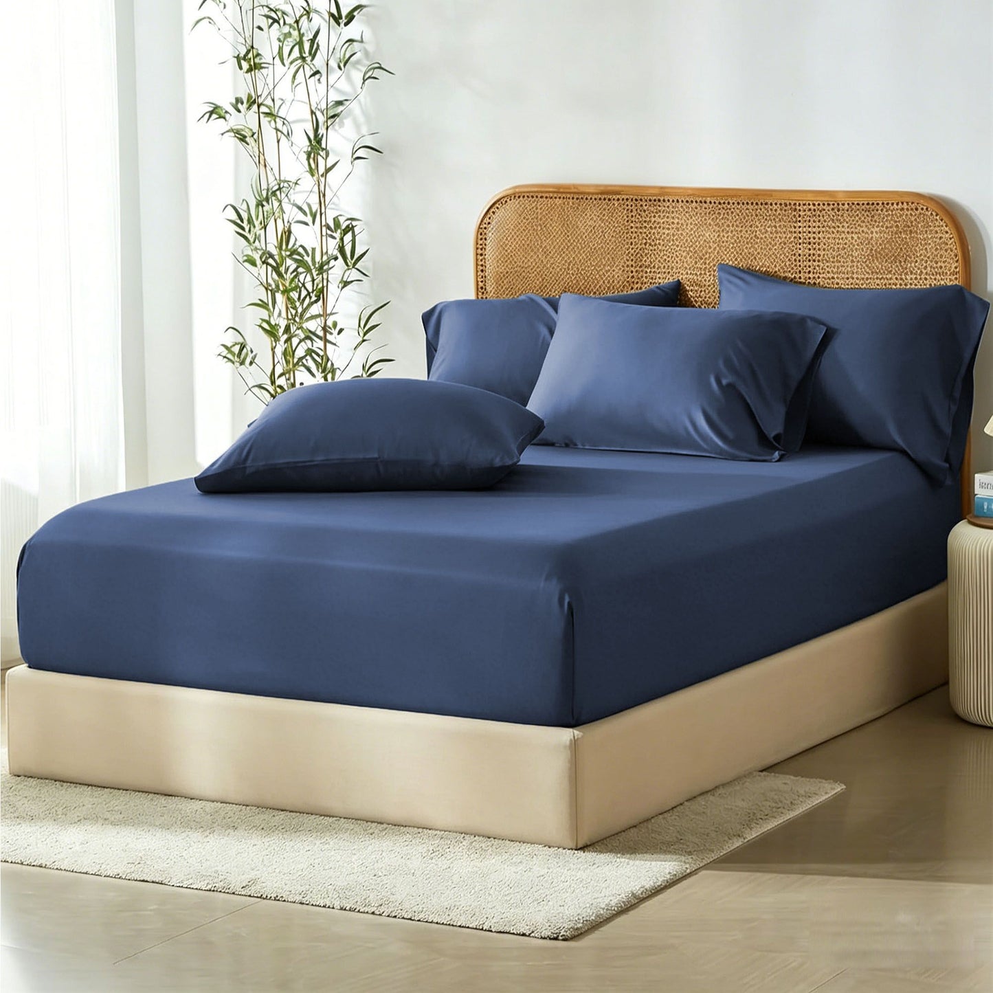 3 Piece Hotel Bamboo Cooling Fitted Sheet Set & Pillowcase -Ultra Soft 2000TC Breathable Fitted Bed Sheets Set with 37 Centimetre Deep Pocket-Cooling Sheets for Hot Sleepers(Navy,Double)