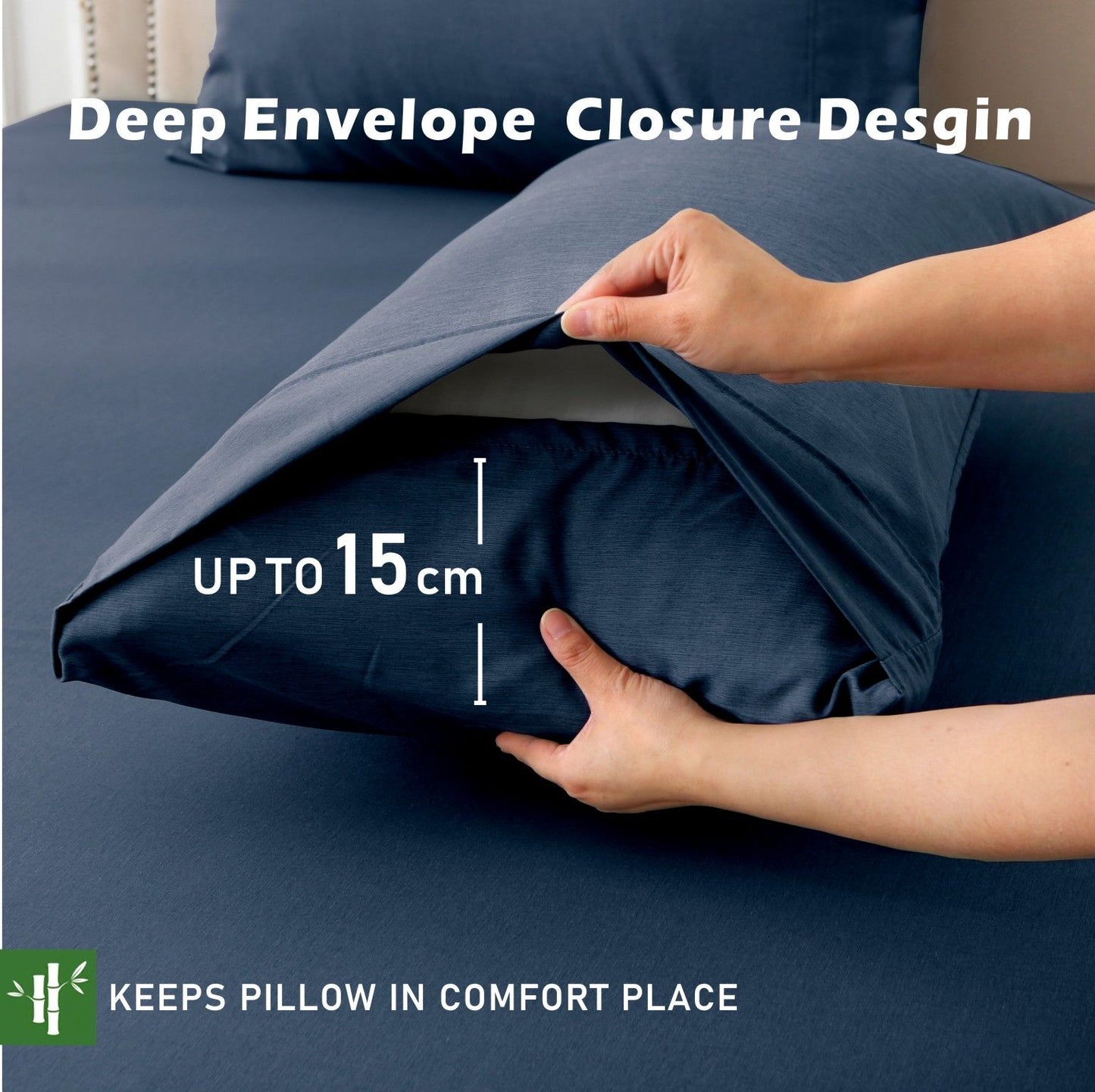 3 Piece Hotel Bamboo Cooling Fitted Sheet Set & Pillowcase -Ultra Soft 2000TC Breathable Fitted Bed Sheets Set with 37 Centimetre Deep Pocket-Cooling Sheets for Hot Sleepers(Navy,Double)
