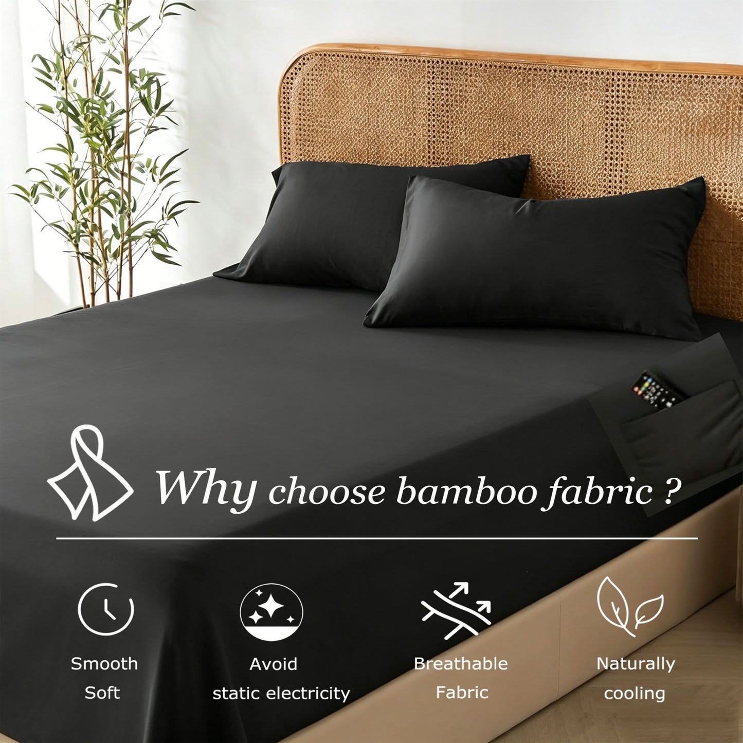 3 Piece Hotel Bamboo Cooling Fitted Sheet Set & Pillowcase -Ultra Soft 2000TC Breathable Fitted Bed Sheets Set with 37 Centimetre Deep Pocket-Cooling Sheets for Hot Sleepers(Black,King)