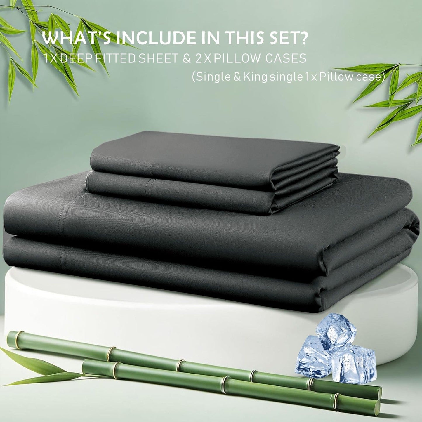 3 Piece Hotel Bamboo Cooling Fitted Sheet Set & Pillowcase -Ultra Soft 2000TC Breathable Fitted Bed Sheets Set with 37 Centimetre Deep Pocket-Cooling Sheets for Hot Sleepers(Black,King)