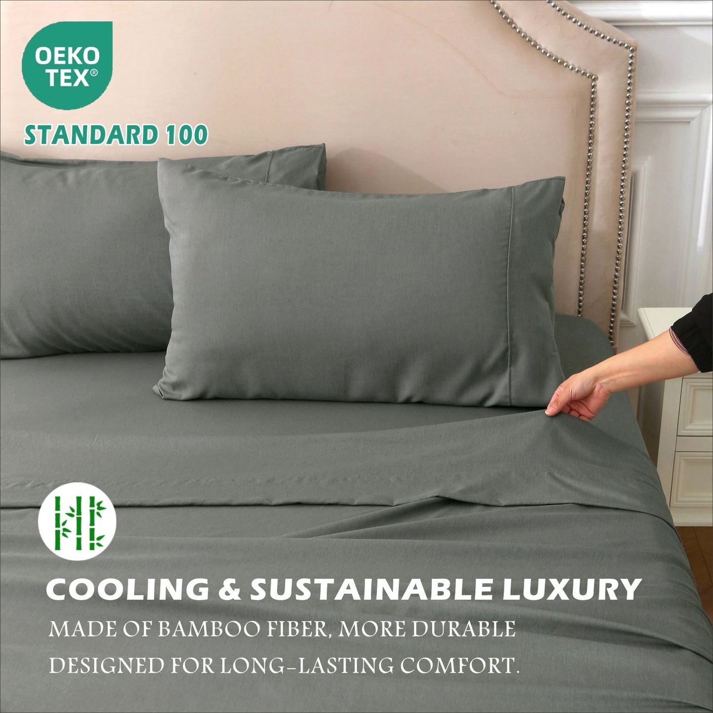 4 Piece Hotel Bamboo Cooling Sheet Set -Ultra Soft 2000TC Breathable Bed Sheets Set with 37 Centimetre Deep Pocket-Cooling Sheets for Hot Sleepers(Grey,King)