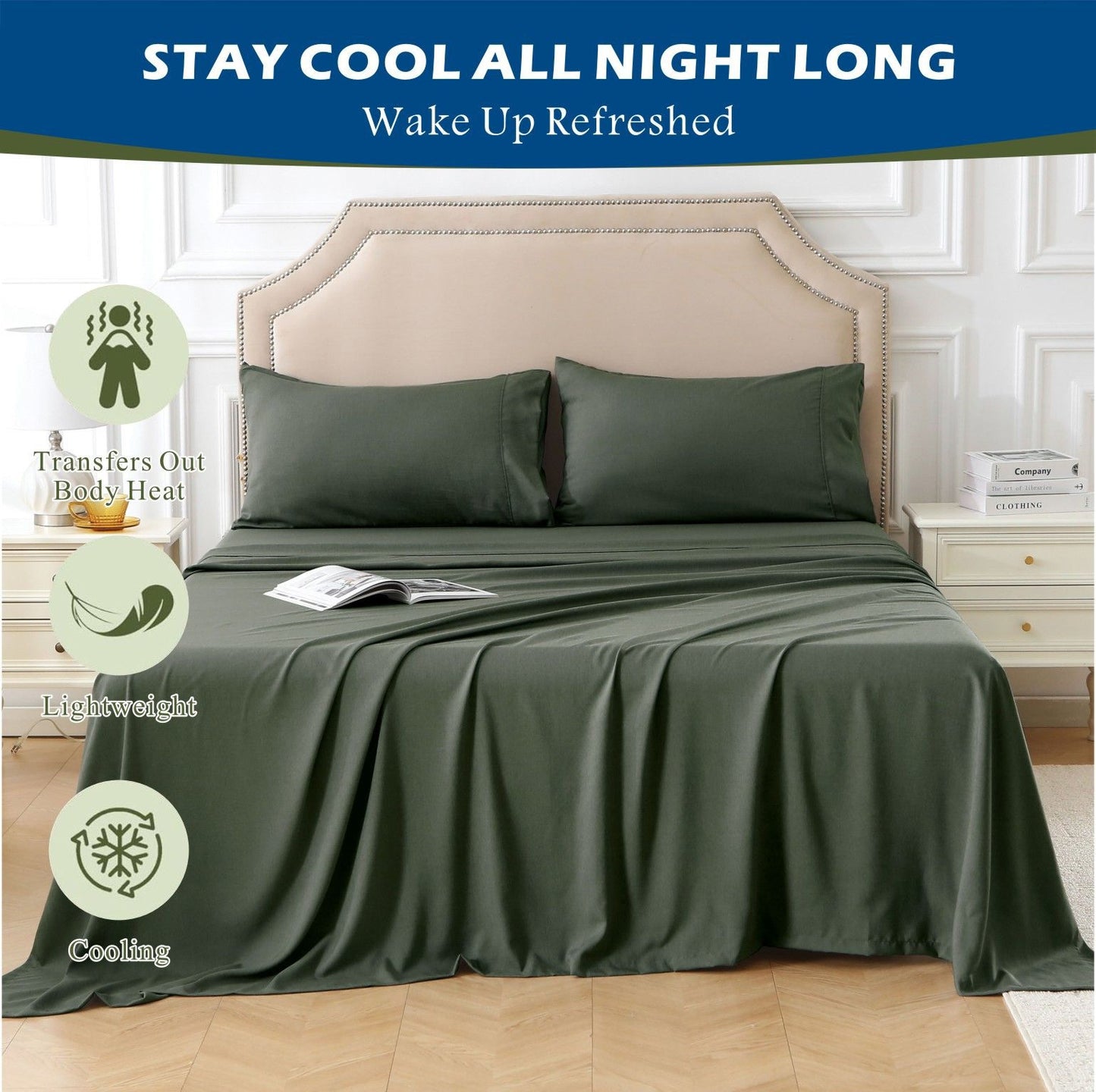 4 Piece Hotel Bamboo Cooling Sheet Set -Ultra Soft 2000TC Breathable Bed Sheets Set with 37 Centimetre Deep Pocket-Cooling Sheets for Hot Sleepers(Olive green,King)