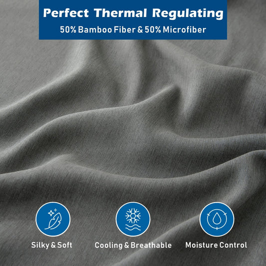 3 Piece Hotel Bamboo Cooling Sheet Set -Ultra Soft 2000TC Breathable Bed Sheets Set with 37 Centimetre Deep Pocket-Cooling Sheets for Hot Sleepers(Grey,King Single)