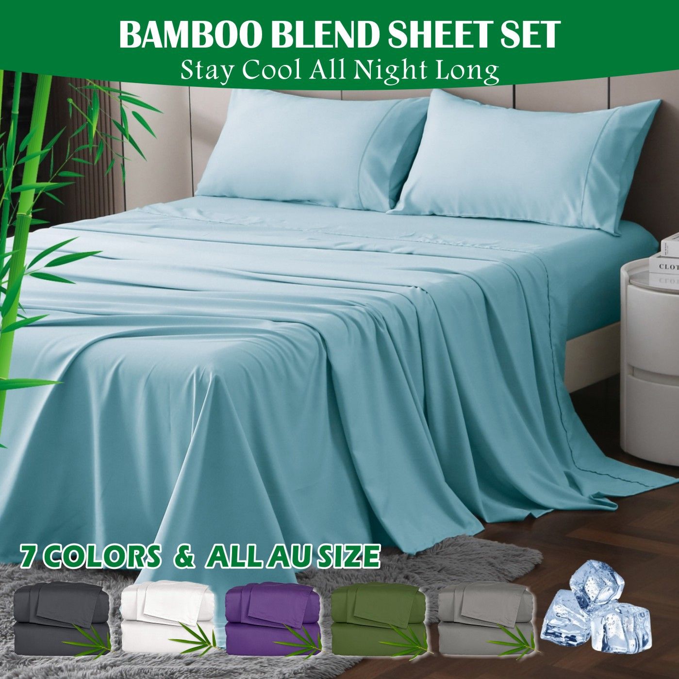 3 Piece Hotel Bamboo Cooling Sheet Set -Ultra Soft 2000TC Breathable Bed Sheets Set with 37 Centimetre Deep Pocket-Cooling Sheets for Hot Sleepers(Sky Blue,King Single)