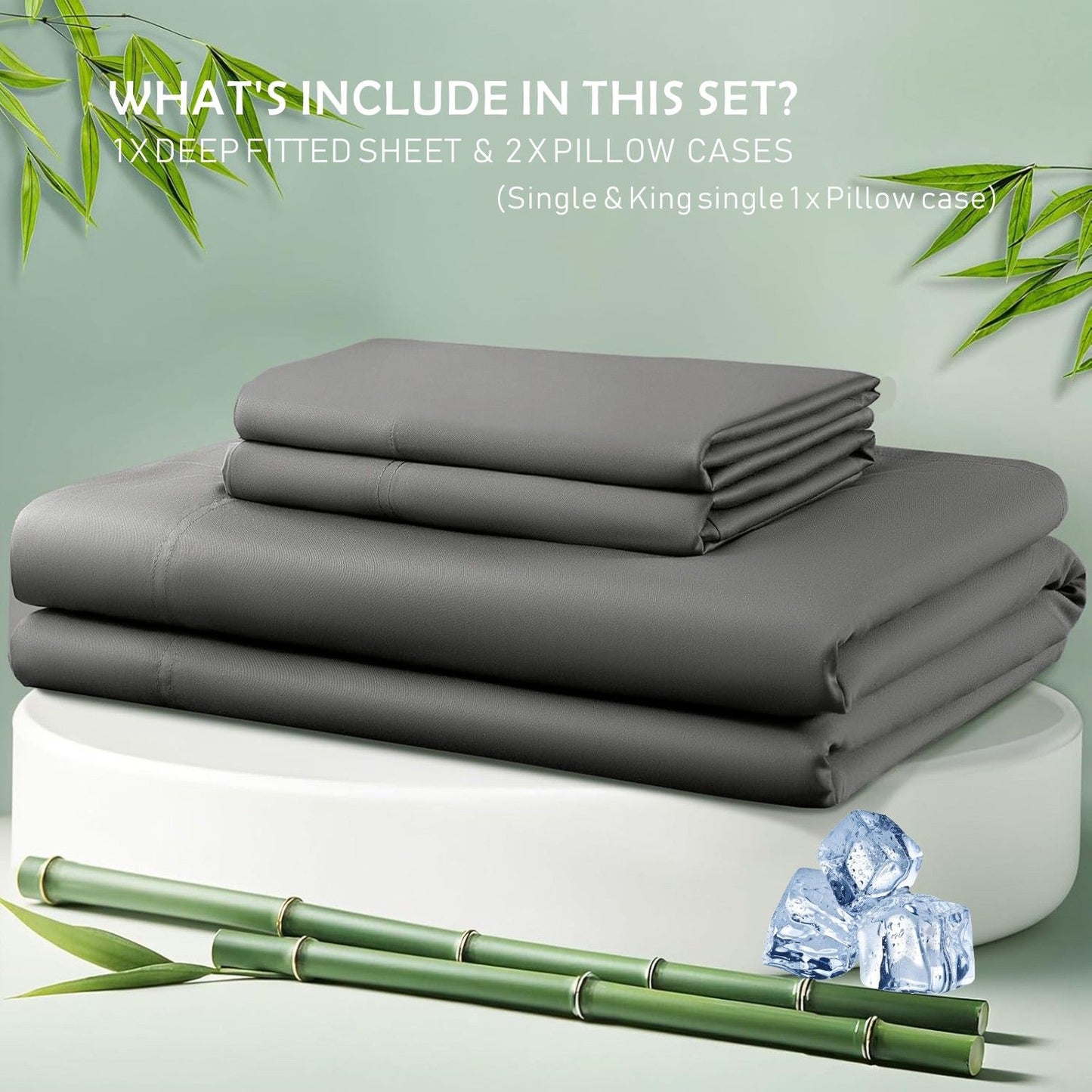 3 Piece Hotel Bamboo Cooling Fitted Sheet Set & Pillowcase -Ultra Soft 2000TC Breathable Fitted Bed Sheets Set with 37 Centimetre Deep Pocket-Cooling Sheets for Hot Sleepers(Grey,Queen)