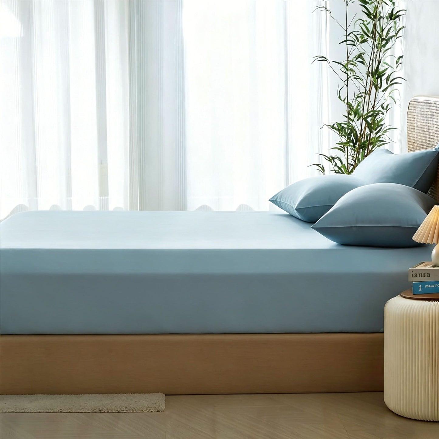 3 Piece Hotel Bamboo Cooling Fitted Sheet Set & Pillowcase -Ultra Soft 2000TC Breathable Fitted Bed Sheets Set with 37 Centimetre Deep Pocket-Cooling Sheets for Hot Sleepers(Sky Blue,Queen)