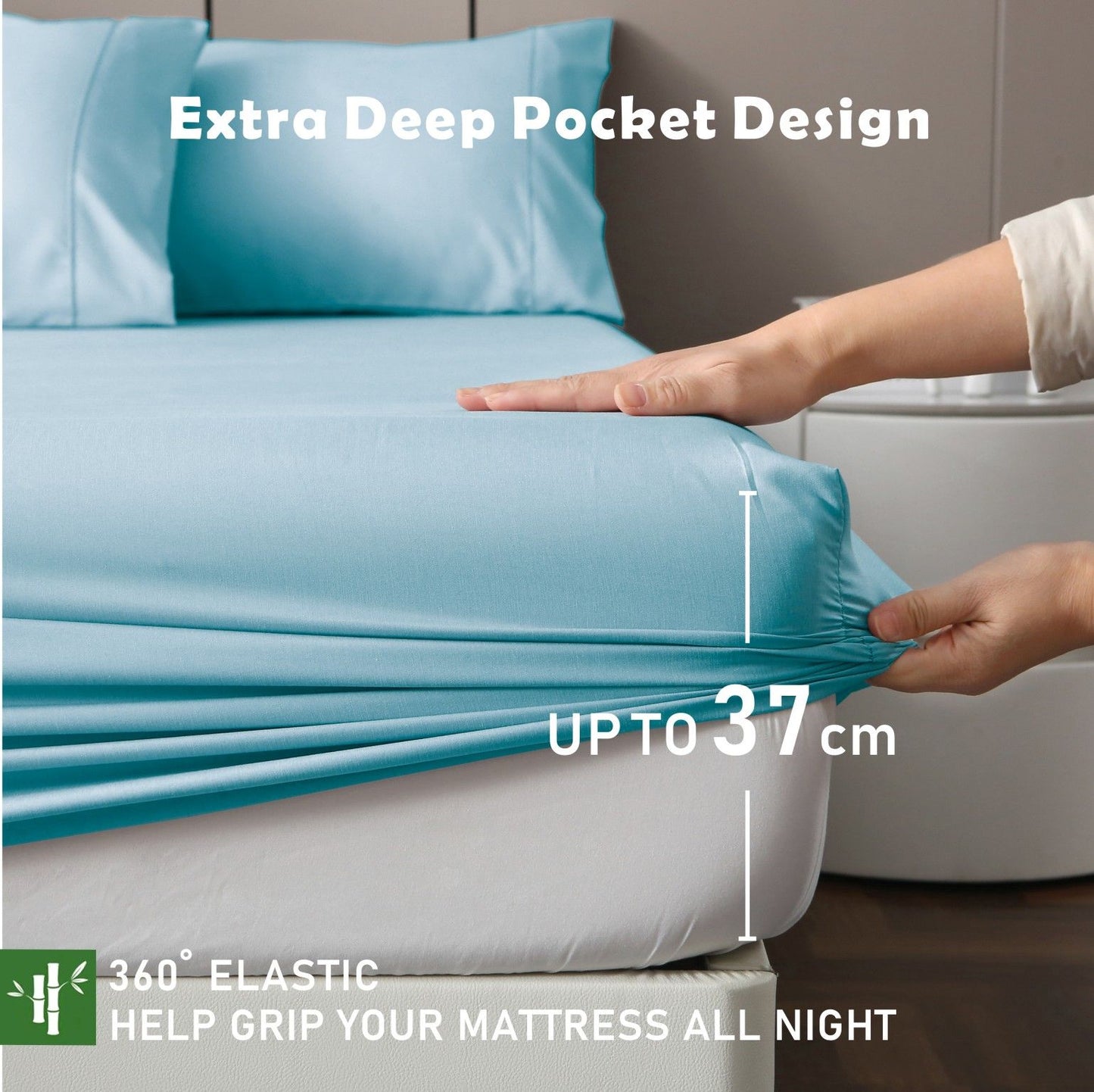 3 Piece Hotel Bamboo Cooling Fitted Sheet Set & Pillowcase -Ultra Soft 2000TC Breathable Fitted Bed Sheets Set with 37 Centimetre Deep Pocket-Cooling Sheets for Hot Sleepers(Sky Blue,Queen)