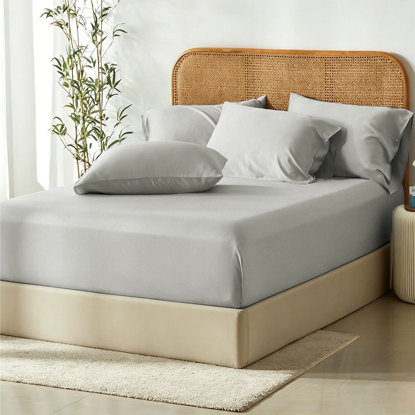 3 Piece Hotel Bamboo Cooling Fitted Sheet Set & Pillowcase -Ultra Soft 2000TC Breathable Fitted Bed Sheets Set with 37 Centimetre Deep Pocket-Cooling Sheets for Hot Sleepers(Silver-gray,Queen)