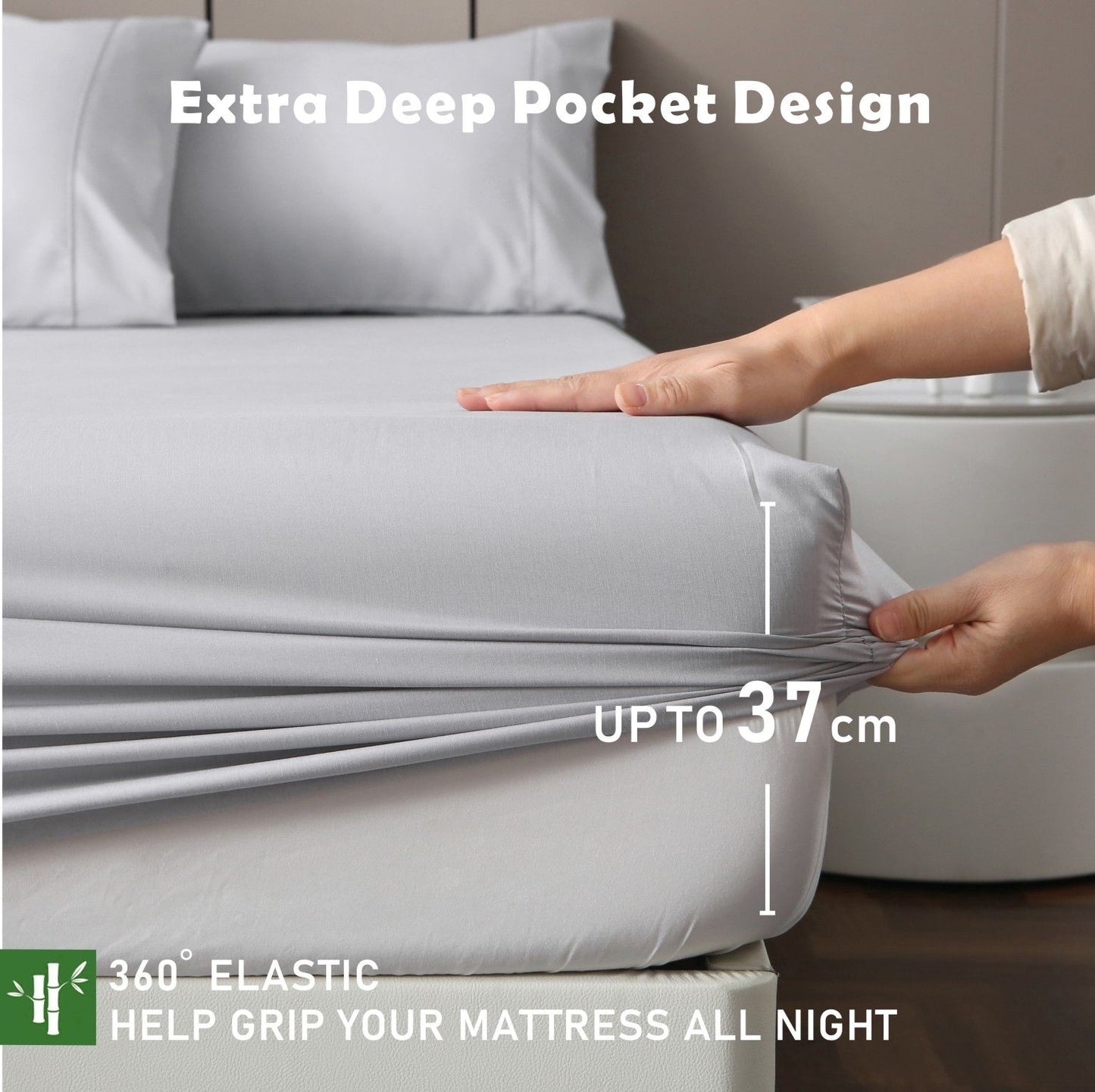 3 Piece Hotel Bamboo Cooling Fitted Sheet Set & Pillowcase -Ultra Soft 2000TC Breathable Fitted Bed Sheets Set with 37 Centimetre Deep Pocket-Cooling Sheets for Hot Sleepers(Silver-gray,Queen)