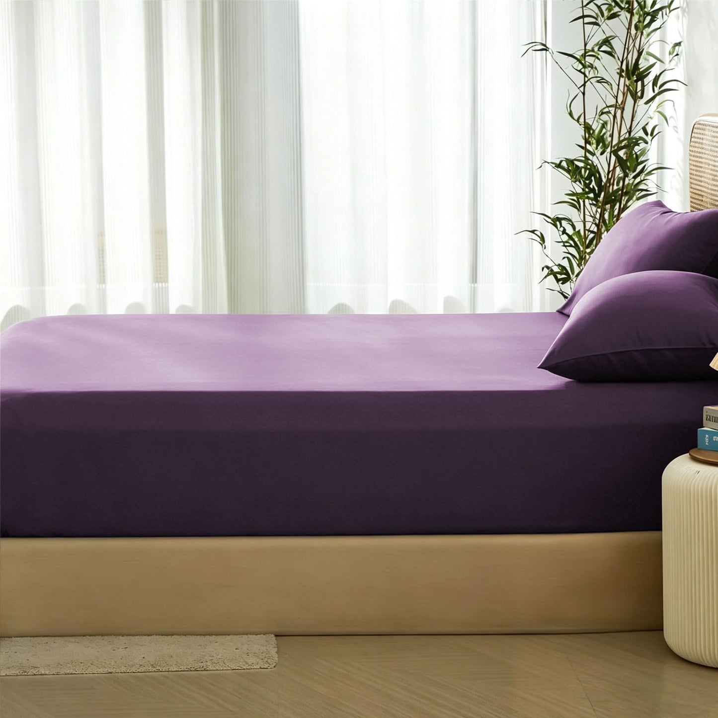 3 Piece Hotel Bamboo Cooling Fitted Sheet Set & Pillowcase -Ultra Soft 2000TC Breathable Fitted Bed Sheets Set with 37 Centimetre Deep Pocket-Cooling Sheets for Hot Sleepers(Purple,Queen)