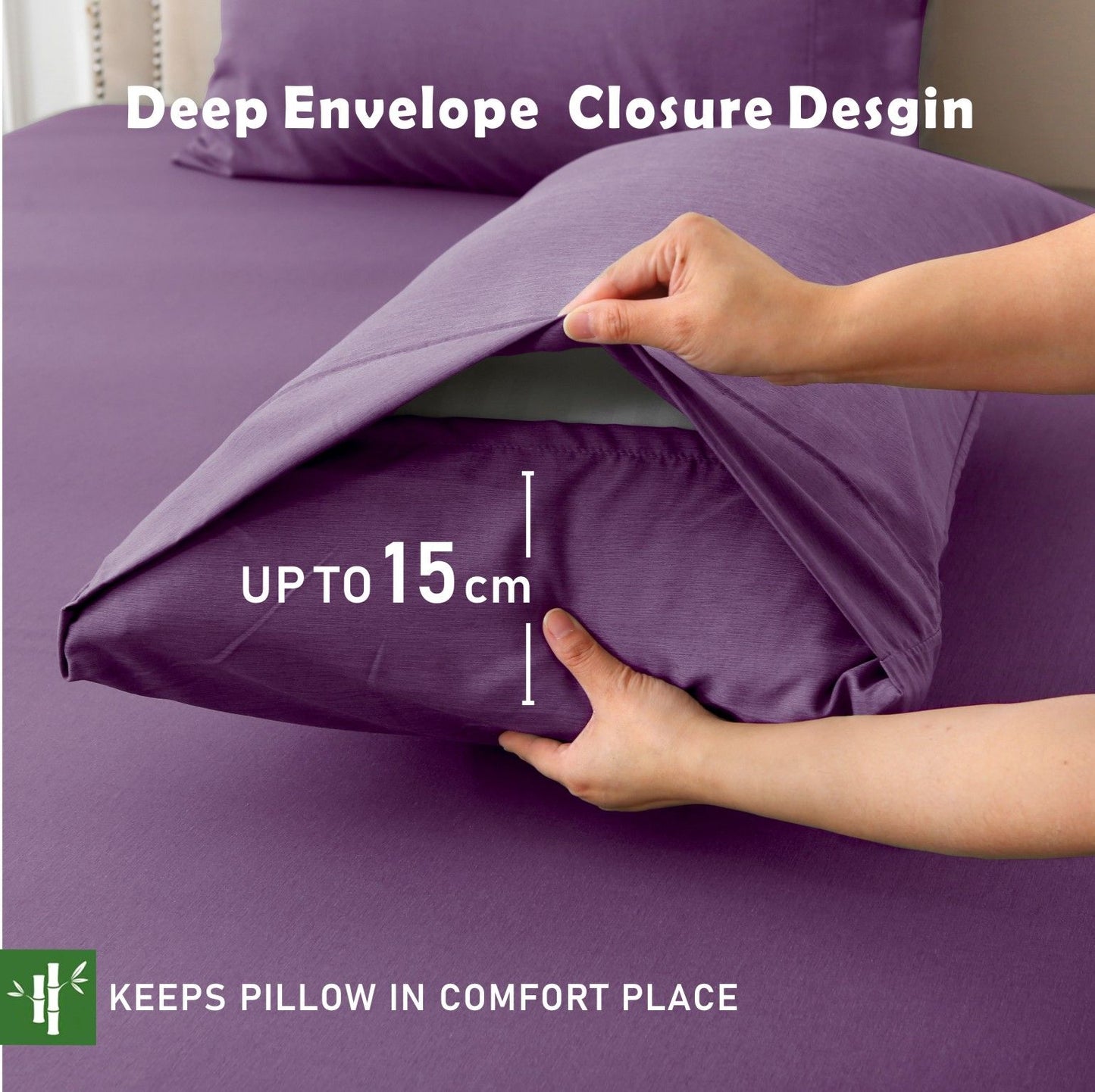 3 Piece Hotel Bamboo Cooling Fitted Sheet Set & Pillowcase -Ultra Soft 2000TC Breathable Fitted Bed Sheets Set with 37 Centimetre Deep Pocket-Cooling Sheets for Hot Sleepers(Purple,Queen)