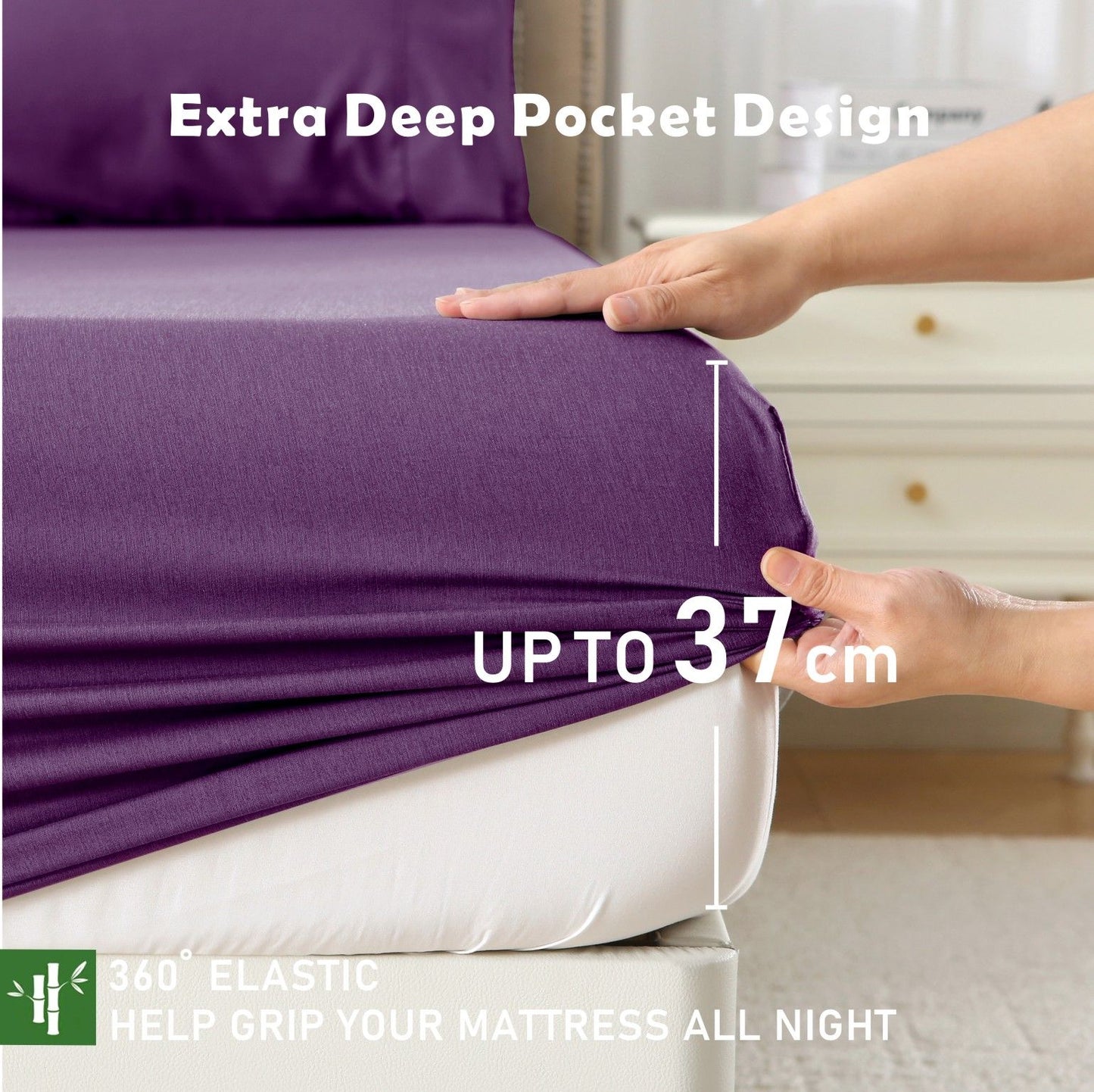 3 Piece Hotel Bamboo Cooling Fitted Sheet Set & Pillowcase -Ultra Soft 2000TC Breathable Fitted Bed Sheets Set with 37 Centimetre Deep Pocket-Cooling Sheets for Hot Sleepers(Purple,Queen)