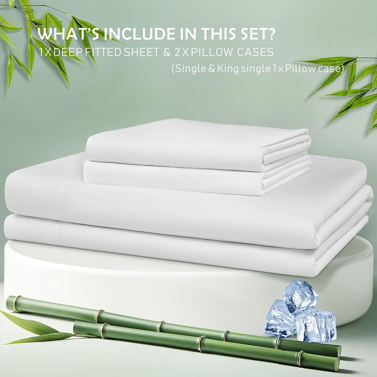 3 Piece Hotel Bamboo Cooling Fitted Sheet Set & Pillowcase -Ultra Soft 2000TC Breathable Fitted Bed Sheets Set with 37 Centimetre Deep Pocket-Cooling Sheets for Hot Sleepers(White,Super King)