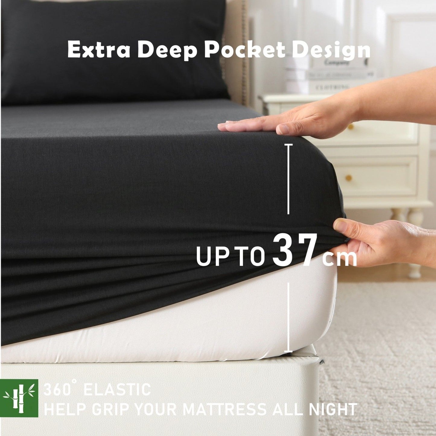 3 Piece Hotel Bamboo Cooling Fitted Sheet Set & Pillowcase -Ultra Soft 2000TC Breathable Fitted Bed Sheets Set with 37 Centimetre Deep Pocket-Cooling Sheets for Hot Sleepers(Black,Super King)