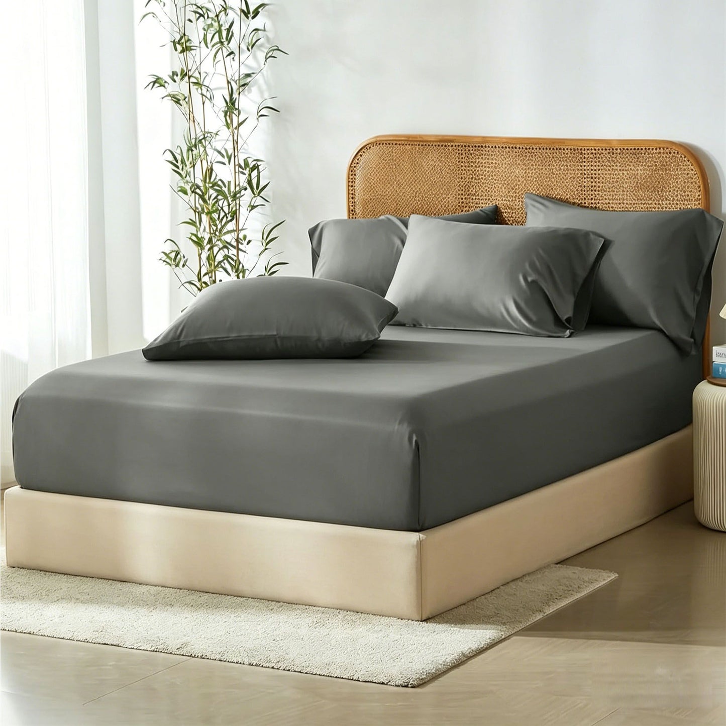 3 Piece Hotel Bamboo Cooling Fitted Sheet Set & Pillowcase -Ultra Soft 2000TC Breathable Fitted Bed Sheets Set with 37 Centimetre Deep Pocket-Cooling Sheets for Hot Sleepers(Grey,Super King)