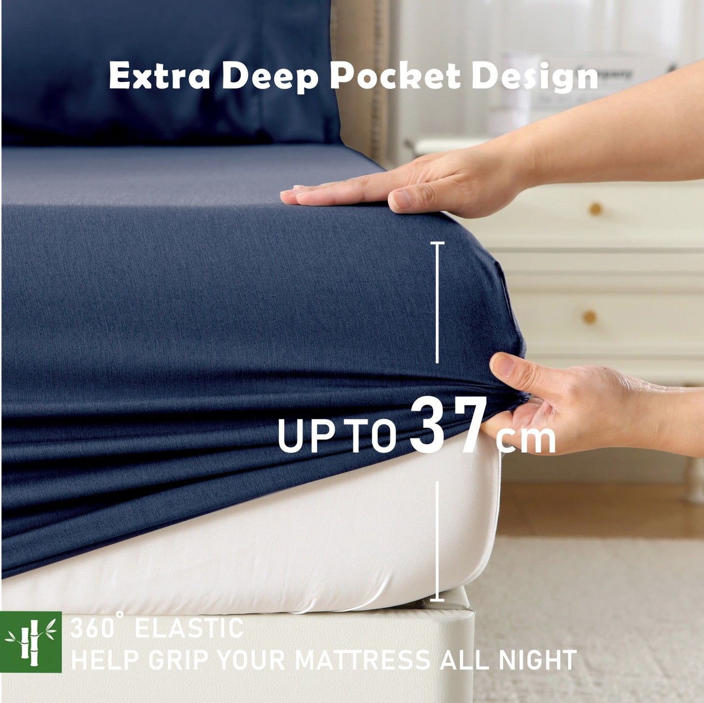 3 Piece Hotel Bamboo Cooling Fitted Sheet Set & Pillowcase -Ultra Soft 2000TC Breathable Fitted Bed Sheets Set with 37 Centimetre Deep Pocket-Cooling Sheets for Hot Sleepers(Navy,Super King)