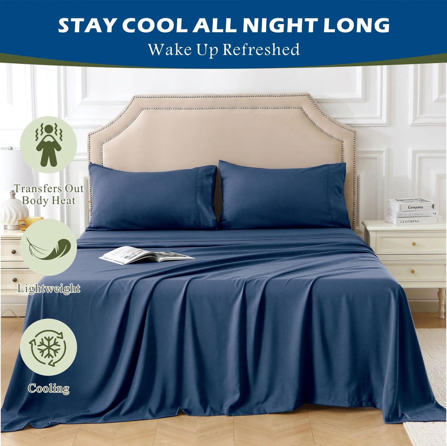 4 Piece Hotel Bamboo Cooling Sheet Set -Ultra Soft 2000TC Breathable Bed Sheets Set with 37 Centimetre Deep Pocket-Cooling Sheets for Hot Sleepers(Navy,Super King)