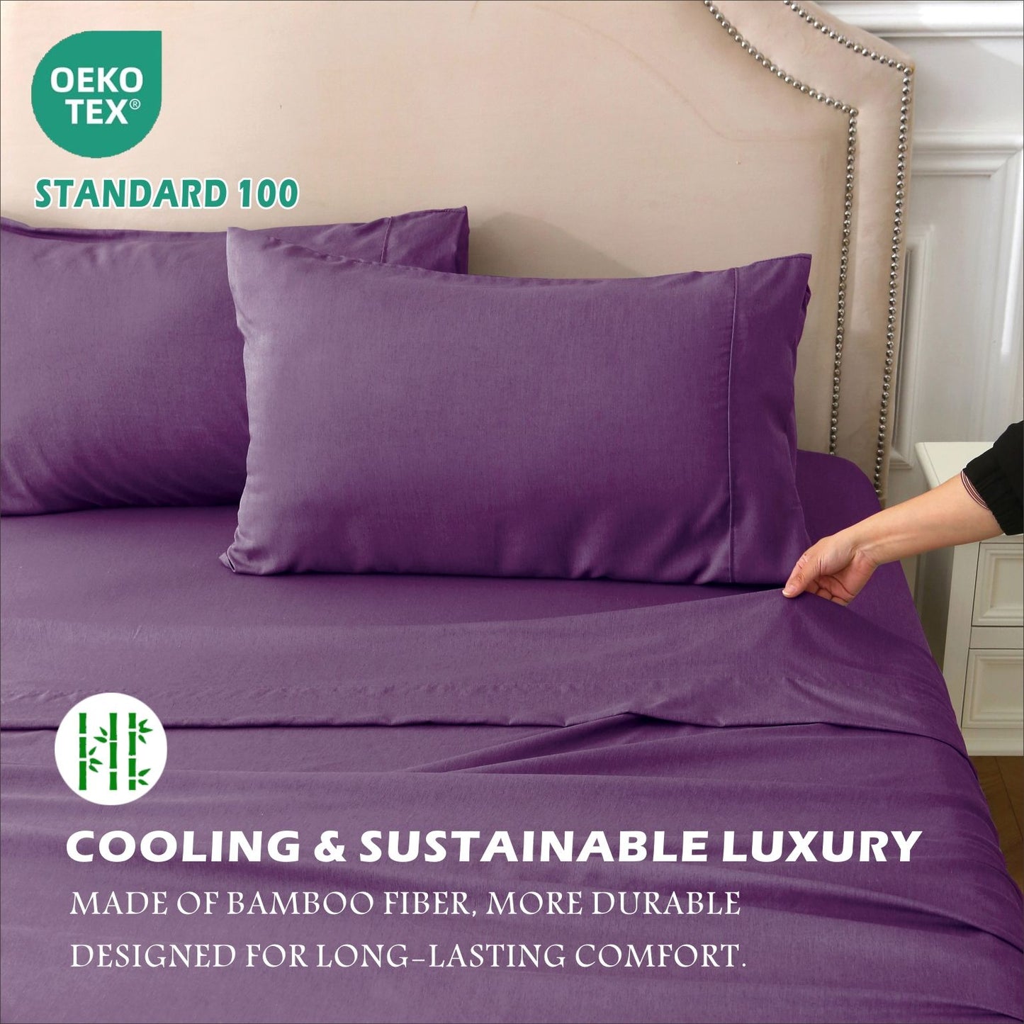4 Piece Hotel Bamboo Cooling Sheet Set -Ultra Soft 2000TC Breathable Bed Sheets Set with 37 Centimetre Deep Pocket-Cooling Sheets for Hot Sleepers(Purple,Super King)
