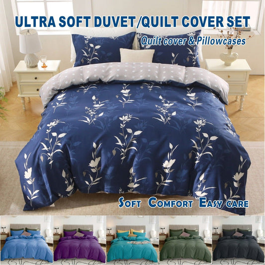 3 Piece Hotel Soft Microfiber Quilt Cover Set-2000TC Duvet/Donna Cover Set & Pillowcases -1 Quilt Cover Zipper Closure & 1 x Pillowcases-Breathable Bedding - Wrinkle, Fade, Stain Resistant(Navy Floral,Double)
