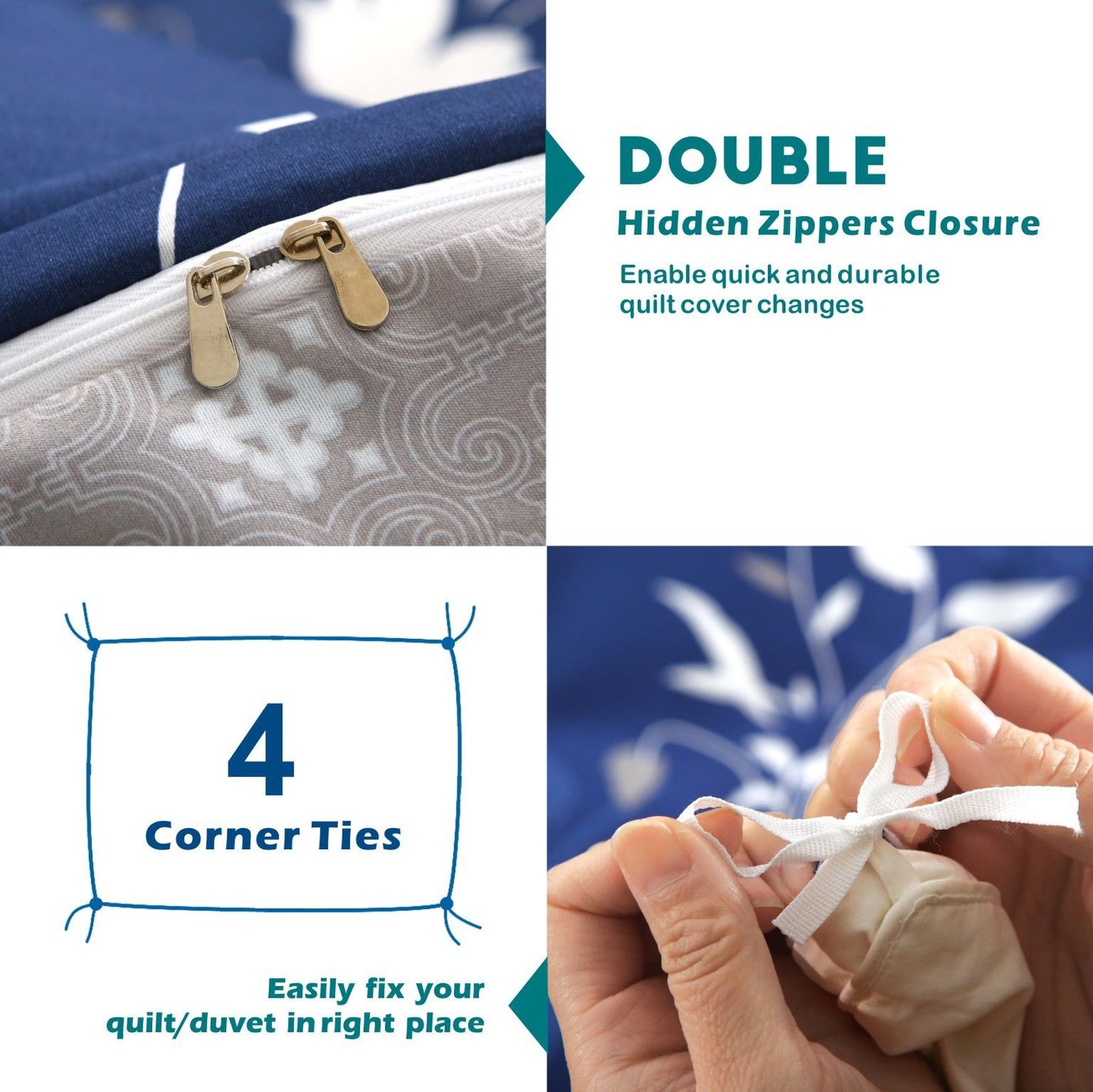 3 Piece Hotel Soft Microfiber Quilt Cover Set-2000TC Duvet/Donna Cover Set & Pillowcases -1 Quilt Cover Zipper Closure & 1 x Pillowcases-Breathable Bedding - Wrinkle, Fade, Stain Resistant(Navy Floral,Double)