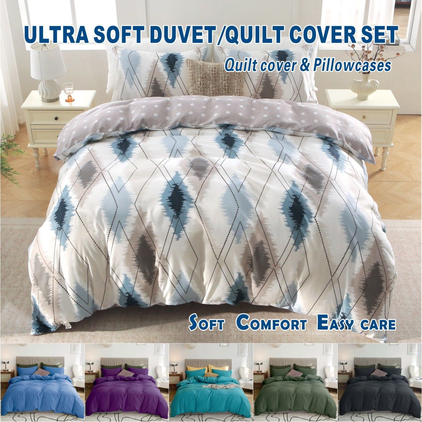3 Piece Hotel Soft Microfiber Quilt Cover Set-2000TC Duvet/Donna Cover Set & Pillowcases -1 Quilt Cover Zipper Closure & 1 x Pillowcases-Breathable Bedding - Wrinkle, Fade, Stain Resistant(Modern Geometric,Double)