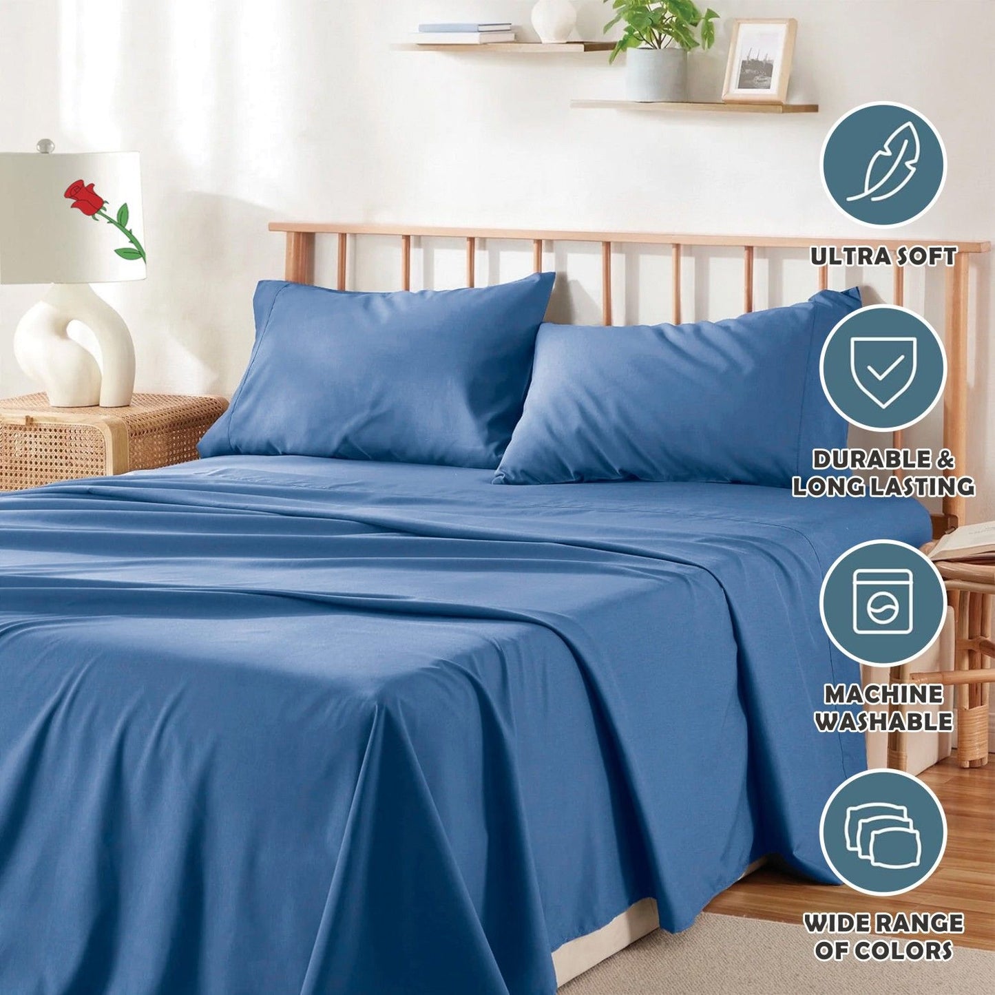 4 Piece Bed Sheet Set- Bedding Sheets & Pillowcases -Breathable Bedding - Wrinkle, Fade, Stain Resistant-Deep Pocket Flat Fitted Bed Sheet Set(Ocean,Double)