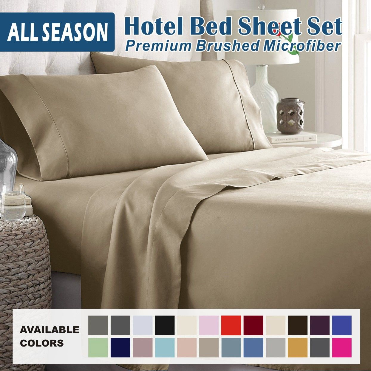 4 Piece Bed Sheet Set- Bedding Sheets & Pillowcases -Breathable Bedding - Wrinkle, Fade, Stain Resistant-Deep Pocket Flat Fitted Bed Sheet Set(Camel Beige,Double)