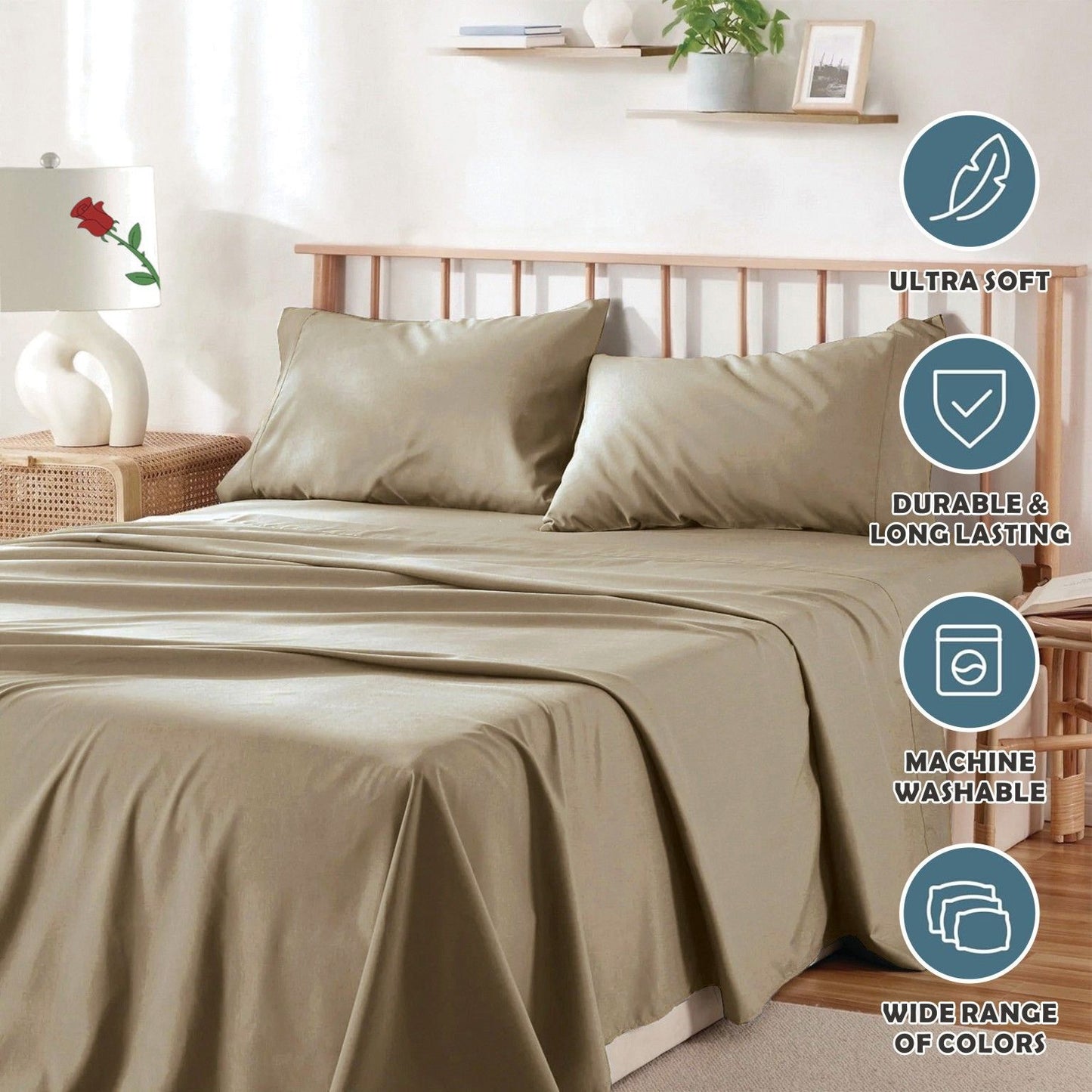 4 Piece Bed Sheet Set- Bedding Sheets & Pillowcases -Breathable Bedding - Wrinkle, Fade, Stain Resistant-Deep Pocket Flat Fitted Bed Sheet Set(Camel Beige,Double)