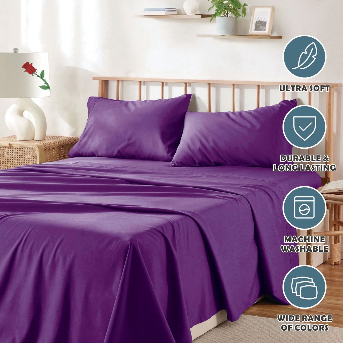4 Piece Bed Sheet Set- Bedding Sheets & Pillowcases -Breathable Bedding - Wrinkle, Fade, Stain Resistant-Deep Pocket Flat Fitted Bed Sheet Set(Purple,Double)