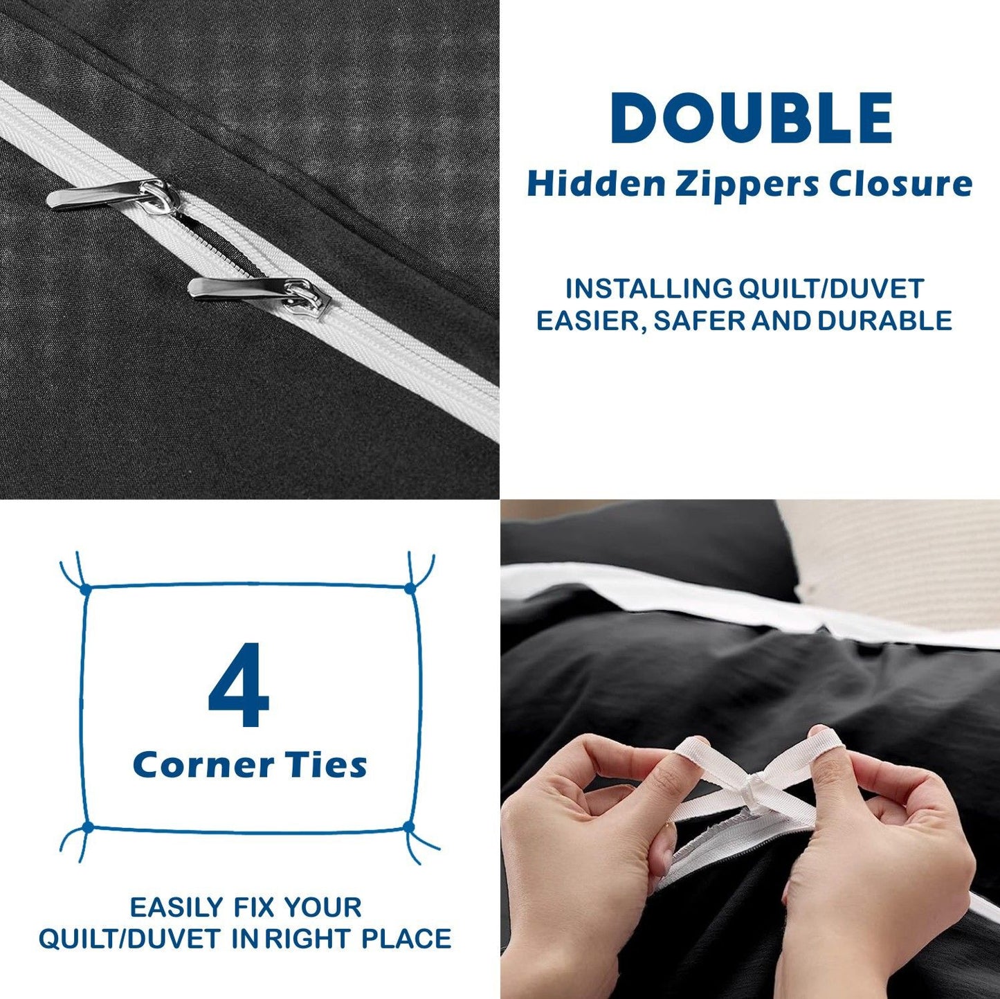 3 Piece Hotel Soft Microfiber Quilt Cover Set-2000TC Duvet/Donna Cover Set & Pillowcases -1 Quilt Cover Zipper Closure & 1 x Pillowcases-Breathable Bedding - Wrinkle, Fade, Stain Resistant(Black,King)