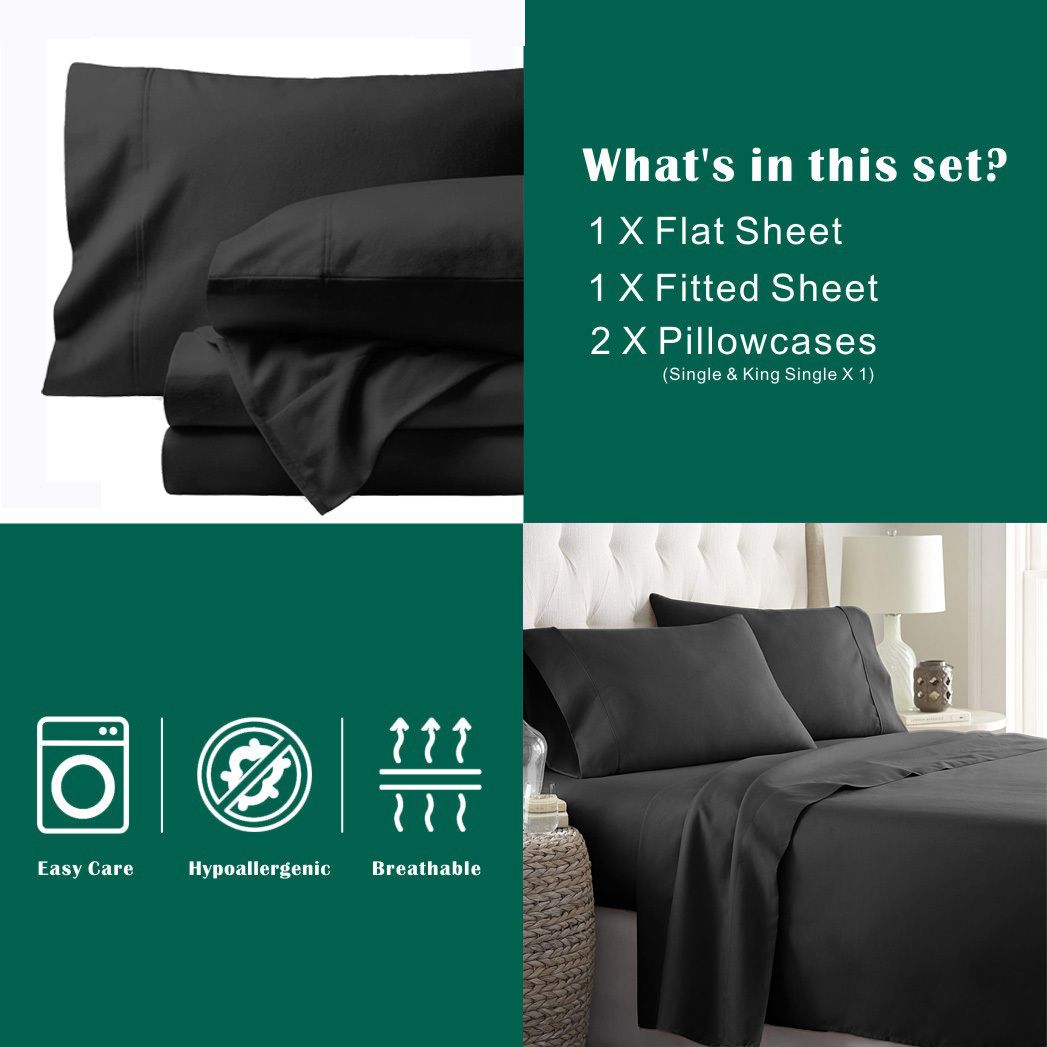 4 Piece Bed Sheet Set- Bedding Sheets & Pillowcases -Breathable Bedding - Wrinkle, Fade, Stain Resistant-Deep Pocket Flat Fitted Bed Sheet Set(Black,King)