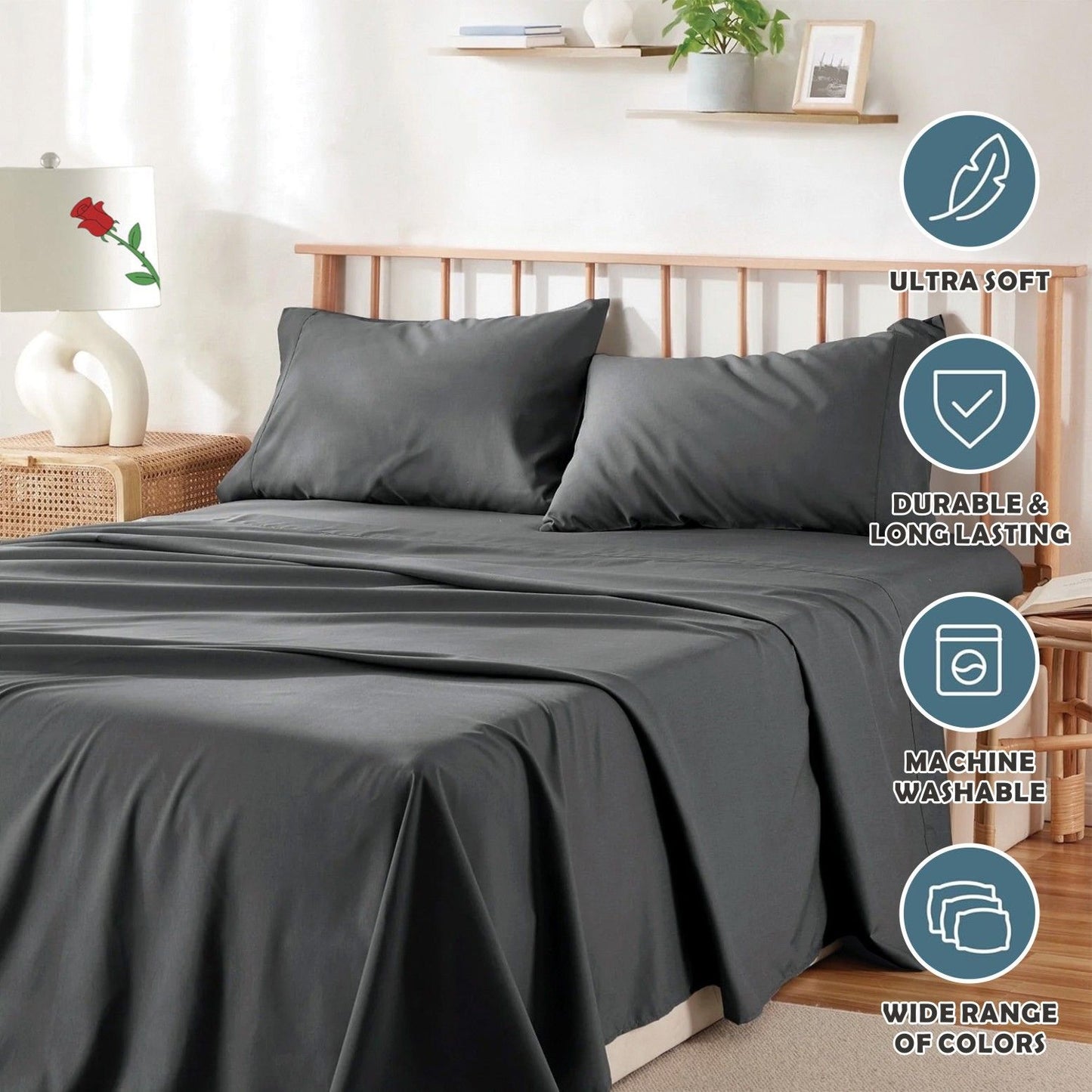 4 Piece Bed Sheet Set- Bedding Sheets & Pillowcases -Breathable Bedding - Wrinkle, Fade, Stain Resistant-Deep Pocket Flat Fitted Bed Sheet Set(Dark gray,King)