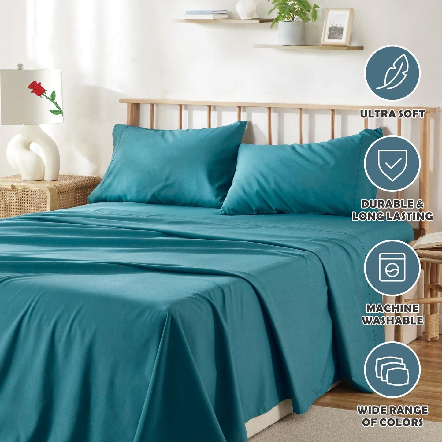 4 Piece Bed Sheet Set- Bedding Sheets & Pillowcases -Breathable Bedding - Wrinkle, Fade, Stain Resistant-Deep Pocket Flat Fitted Bed Sheet Set(Biscay blue,King)