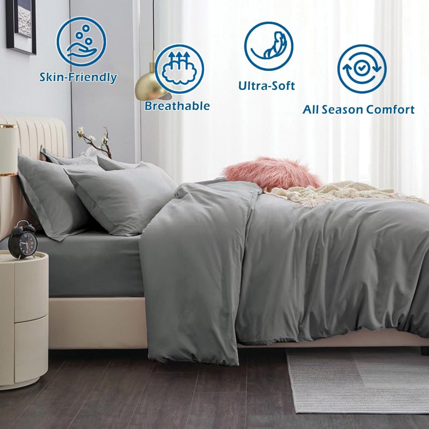 2 Piece Hotel Soft Microfiber Quilt Cover Set-2000TC Duvet/Donna Cover Set & Pillowcases -1 Quilt Cover Zipper Closure & 1 x Pillowcases-Breathable Bedding - Wrinkle, Fade, Stain Resistant(Grey,King Single)