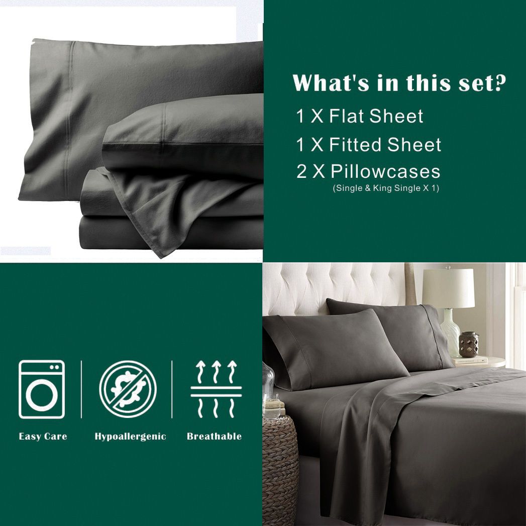 3 Piece Bed Sheet Set- Bedding Sheets & Pillowcases -Breathable Bedding - Wrinkle, Fade, Stain Resistant-Deep Pocket Flat Fitted Bed Sheet Set(Dark gray,King Single)