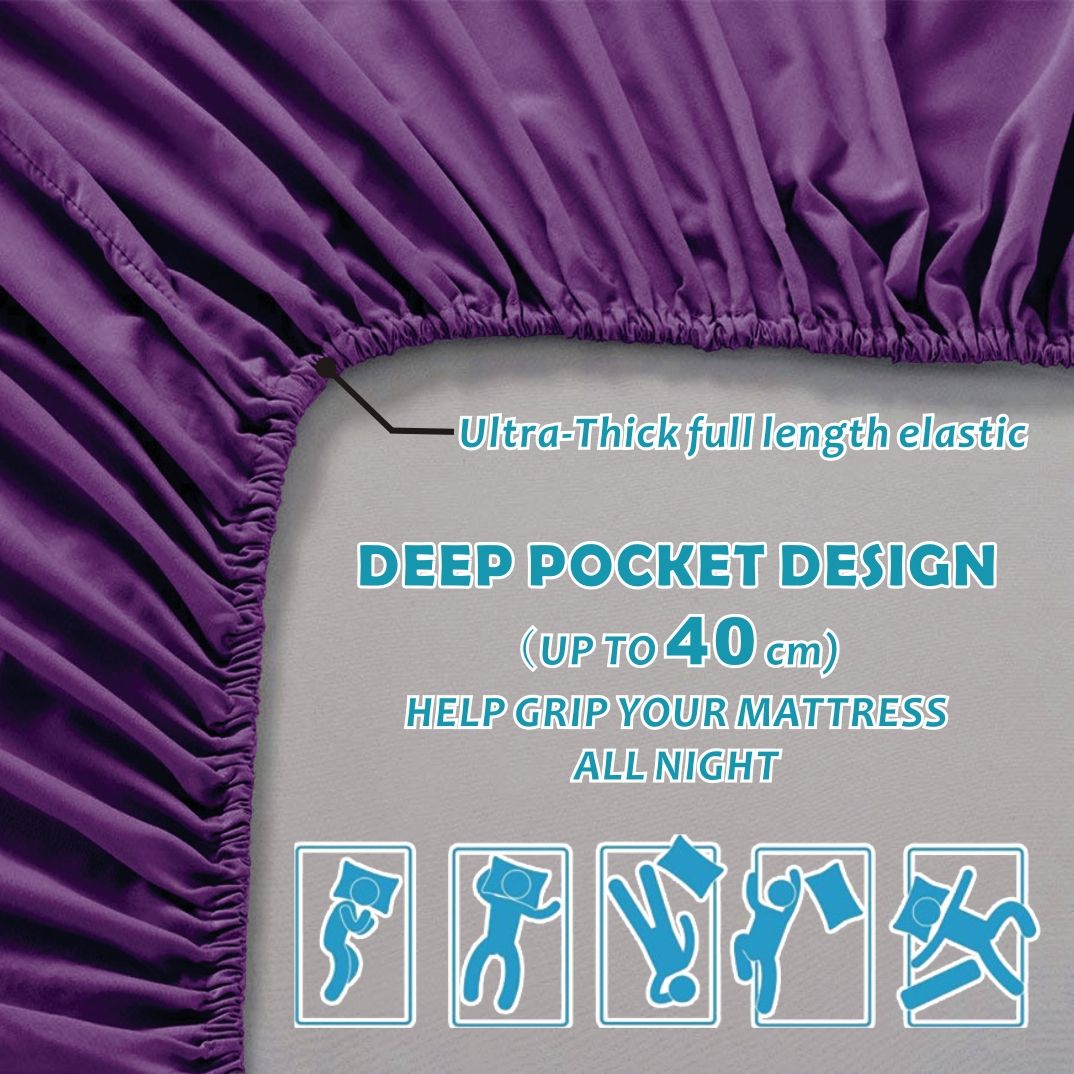 3 Piece Bed Sheet Set- Bedding Sheets & Pillowcases -Breathable Bedding - Wrinkle, Fade, Stain Resistant-Deep Pocket Flat Fitted Bed Sheet Set(Purple,King Single)