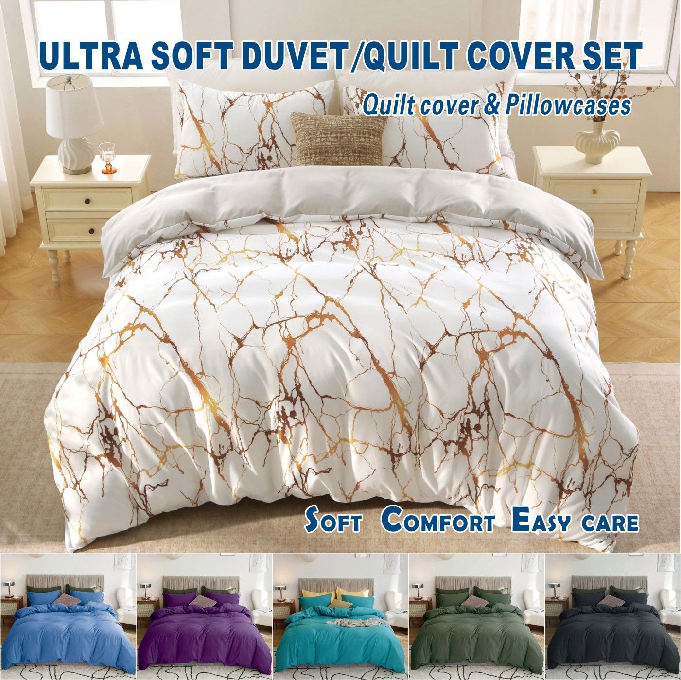 3 Piece Hotel Soft Microfiber Quilt Cover Set-2000TC Duvet/Donna Cover Set & Pillowcases -1 Quilt Cover Zipper Closure & 1 x Pillowcases-Breathable Bedding - Wrinkle, Fade, Stain Resistant(Marble Gleam,Queen)