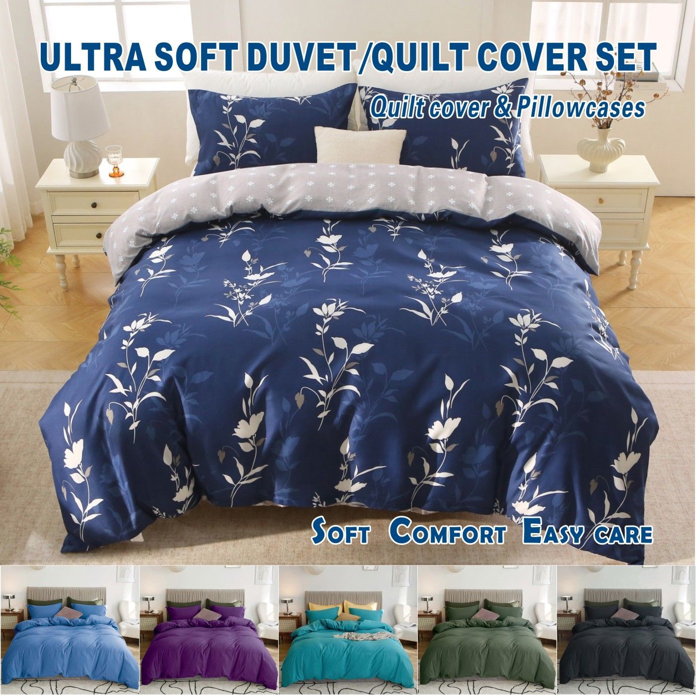 3 Piece Hotel Soft Microfiber Quilt Cover Set-2000TC Duvet/Donna Cover Set & Pillowcases -1 Quilt Cover Zipper Closure & 1 x Pillowcases-Breathable Bedding - Wrinkle, Fade, Stain Resistant(Navy Floral,Queen)