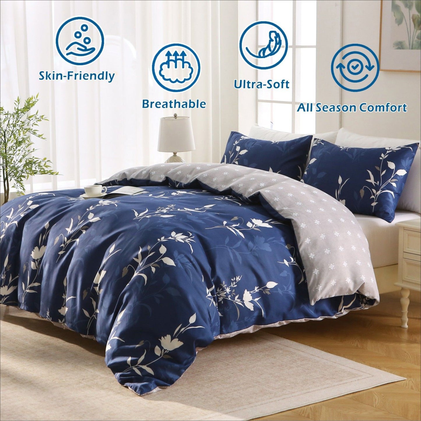 3 Piece Hotel Soft Microfiber Quilt Cover Set-2000TC Duvet/Donna Cover Set & Pillowcases -1 Quilt Cover Zipper Closure & 1 x Pillowcases-Breathable Bedding - Wrinkle, Fade, Stain Resistant(Navy Floral,Queen)
